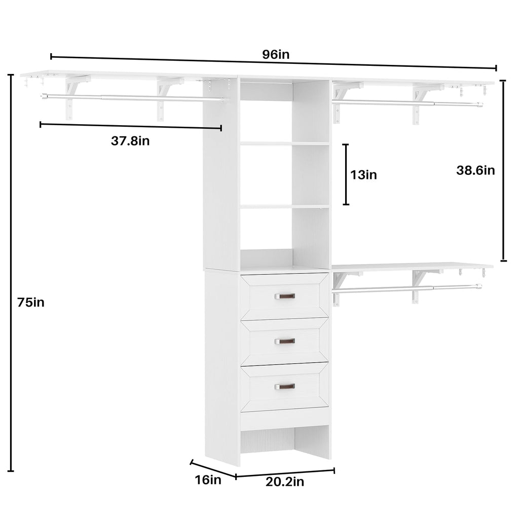 8FT White Wooden Closet System with 3 Drawers and 3 Hanging Rods H84146