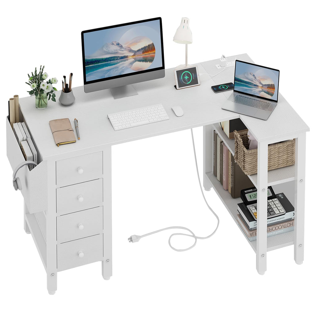 White L Shaped Computer Desk with Drawers and Storage Shelves, 47 Inch Reversible Corner Desk with Power Outlet T8463