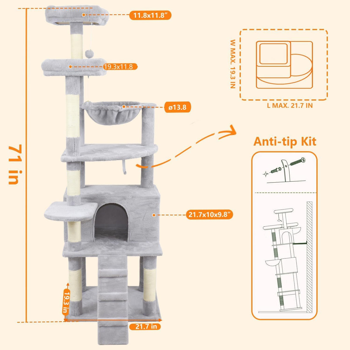 71-Inch Multi-Level Tall Cat Tree with Hammock and Cat Cave K45520