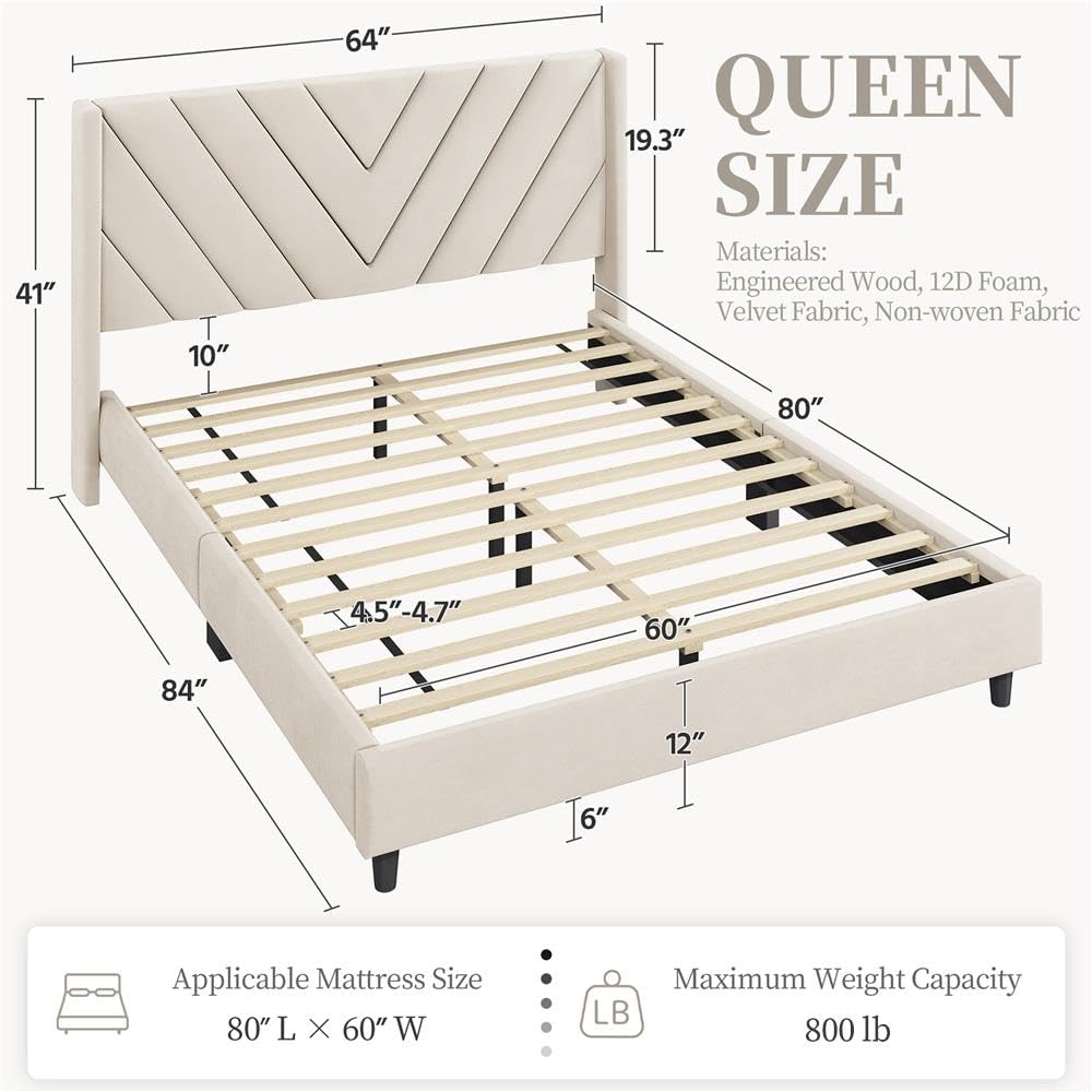 Queen Bed Frame with Tufted Headboard, Beige O428