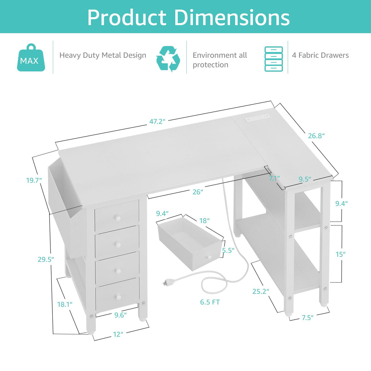 White L Shaped Computer Desk with Drawers and Storage Shelves, 47 Inch Reversible Corner Desk with Power Outlet T8463