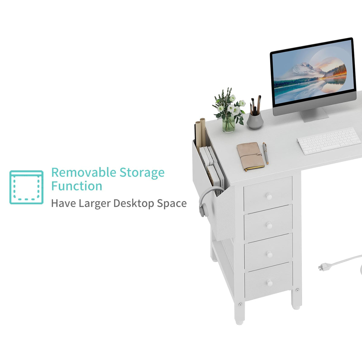 White L Shaped Computer Desk with Drawers and Storage Shelves, 47 Inch Reversible Corner Desk with Power Outlet T8463