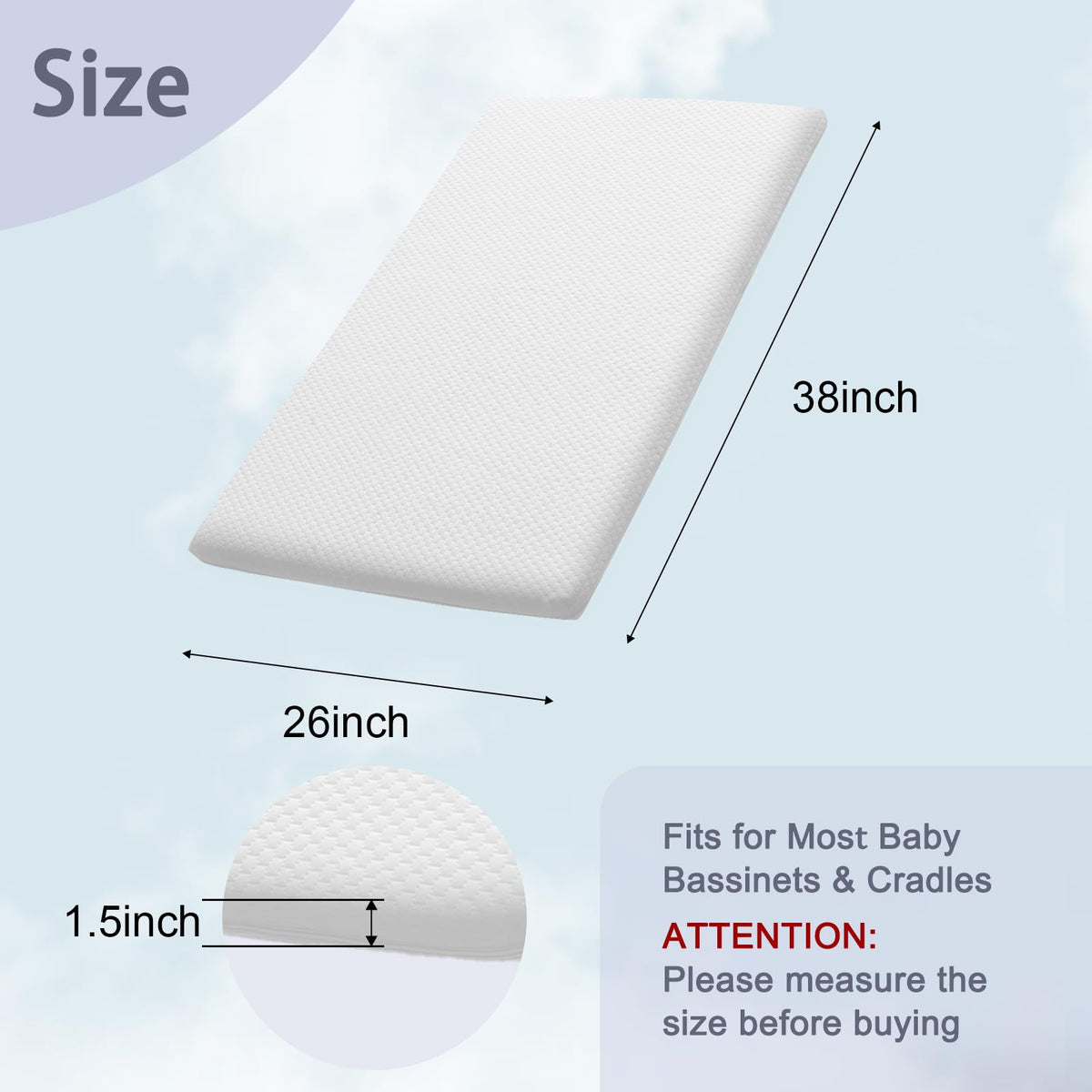 Baby Bassinet Mattress 38 x 26 Inch Gel Memory Foam Q959