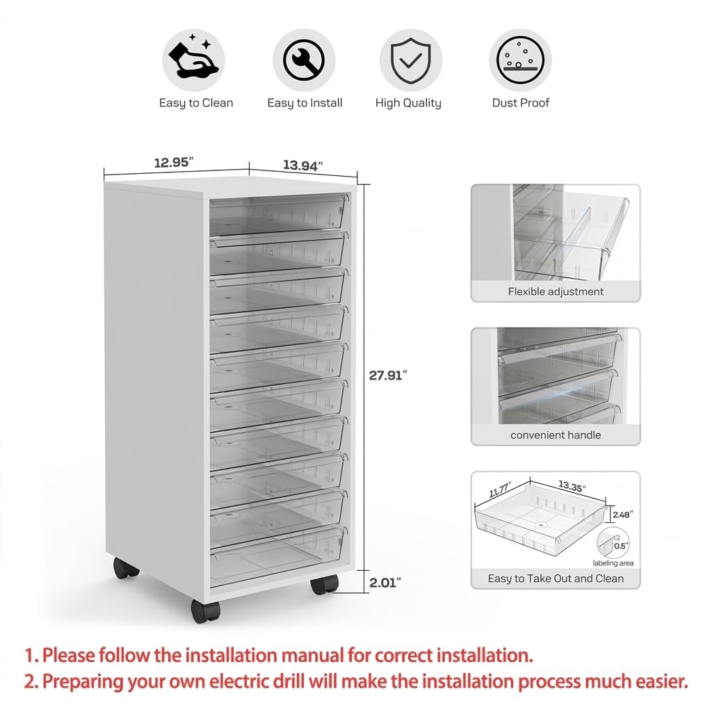 White 10 Drawer Rolling Storage Cart S982
