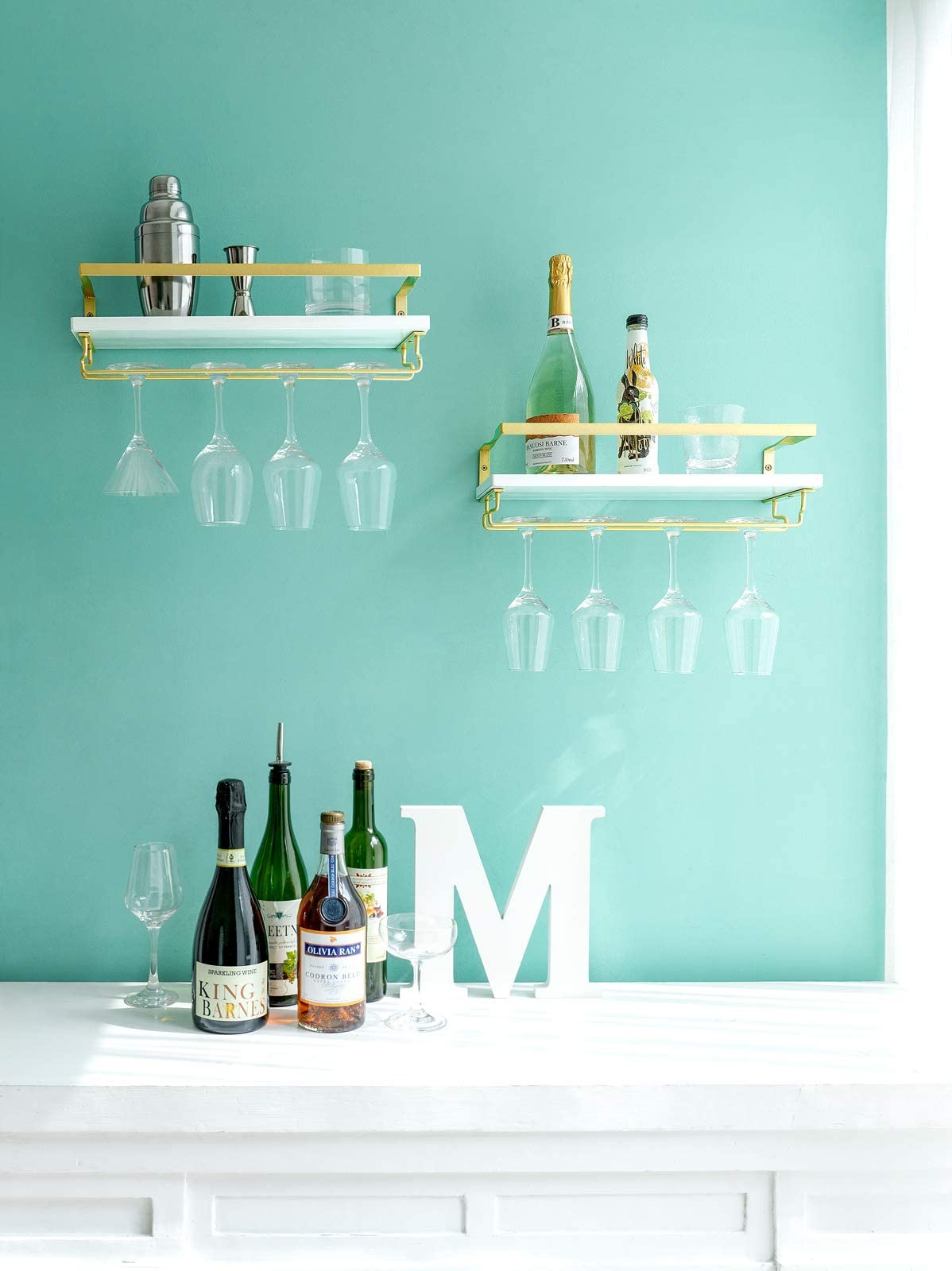 Wall Mounted Wine Rack with Glass Holder and Wood Shelf, 2 Pack T7117