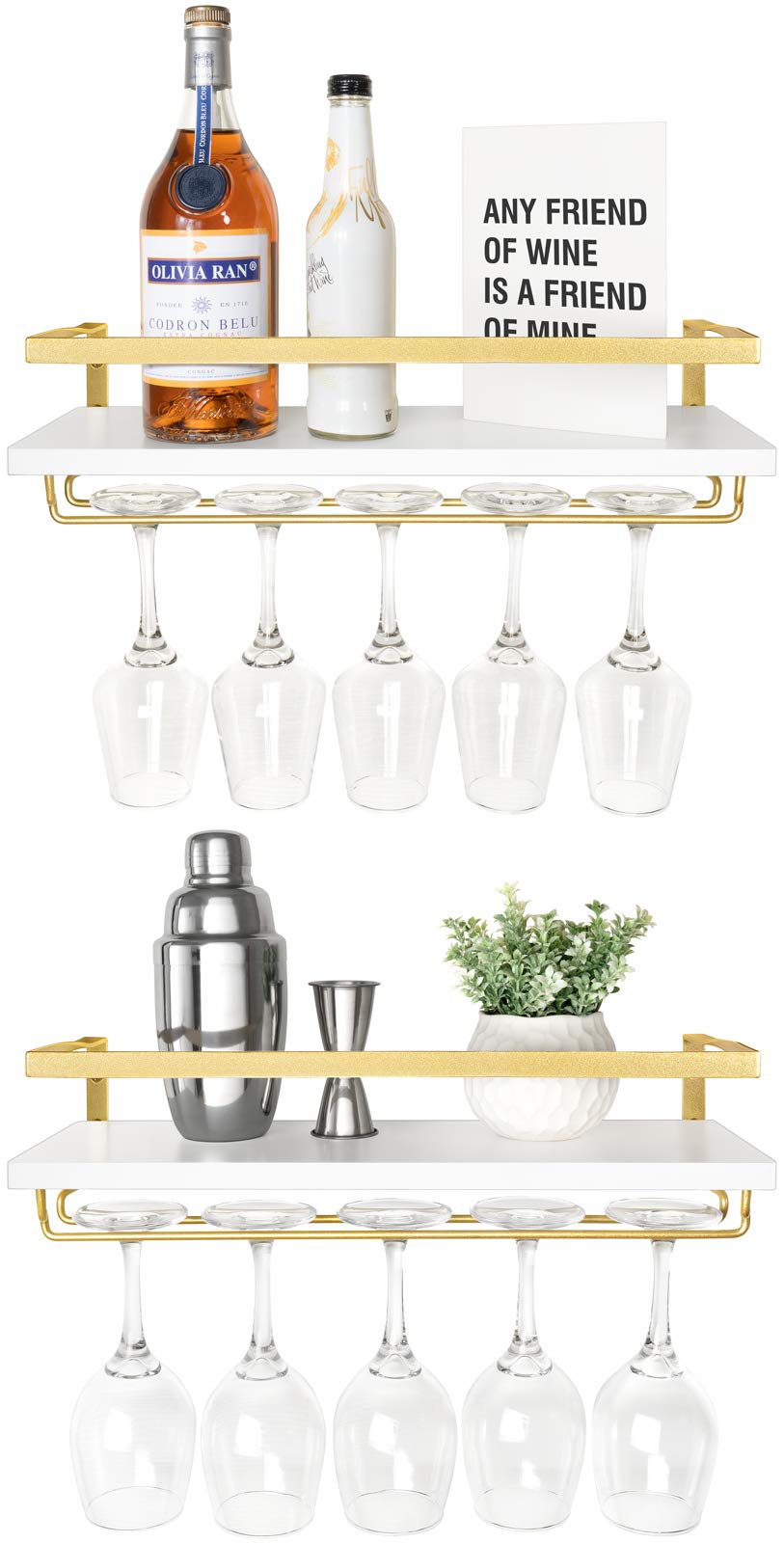 Wall Mounted Wine Rack with Glass Holder and Wood Shelf, 2 Pack T7117