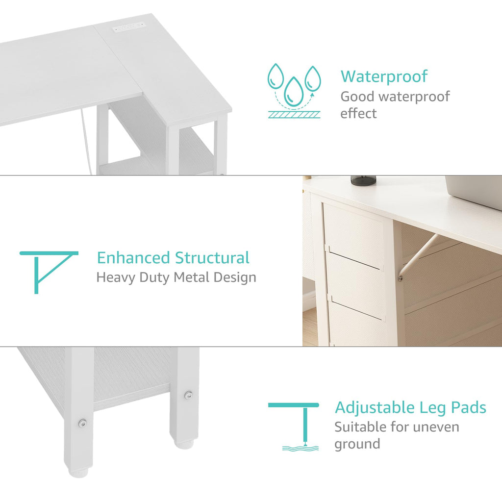 White L Shaped Computer Desk with Drawers and Storage Shelves, 47 Inch Reversible Corner Desk with Power Outlet T8463