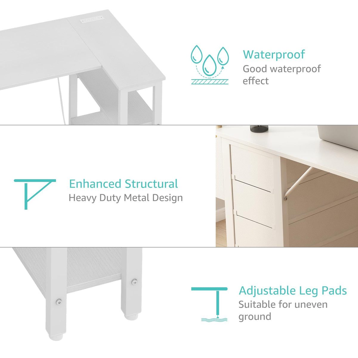 White L Shaped Computer Desk with Drawers and Storage Shelves, 47 Inch Reversible Corner Desk with Power Outlet T8463