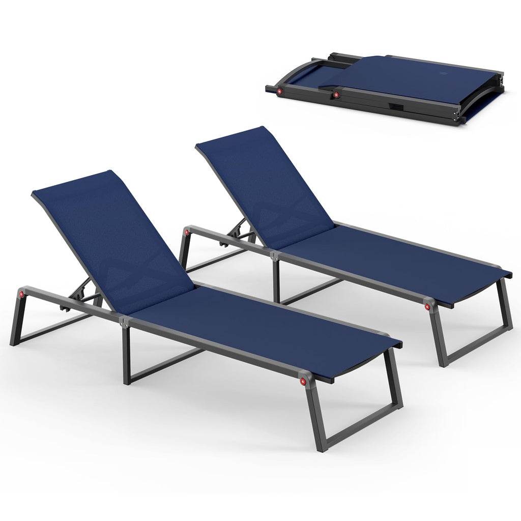 Aluminum Foldable 5-Position Chaise Lounge Chair, Navy Blue, 2 Pack V581168