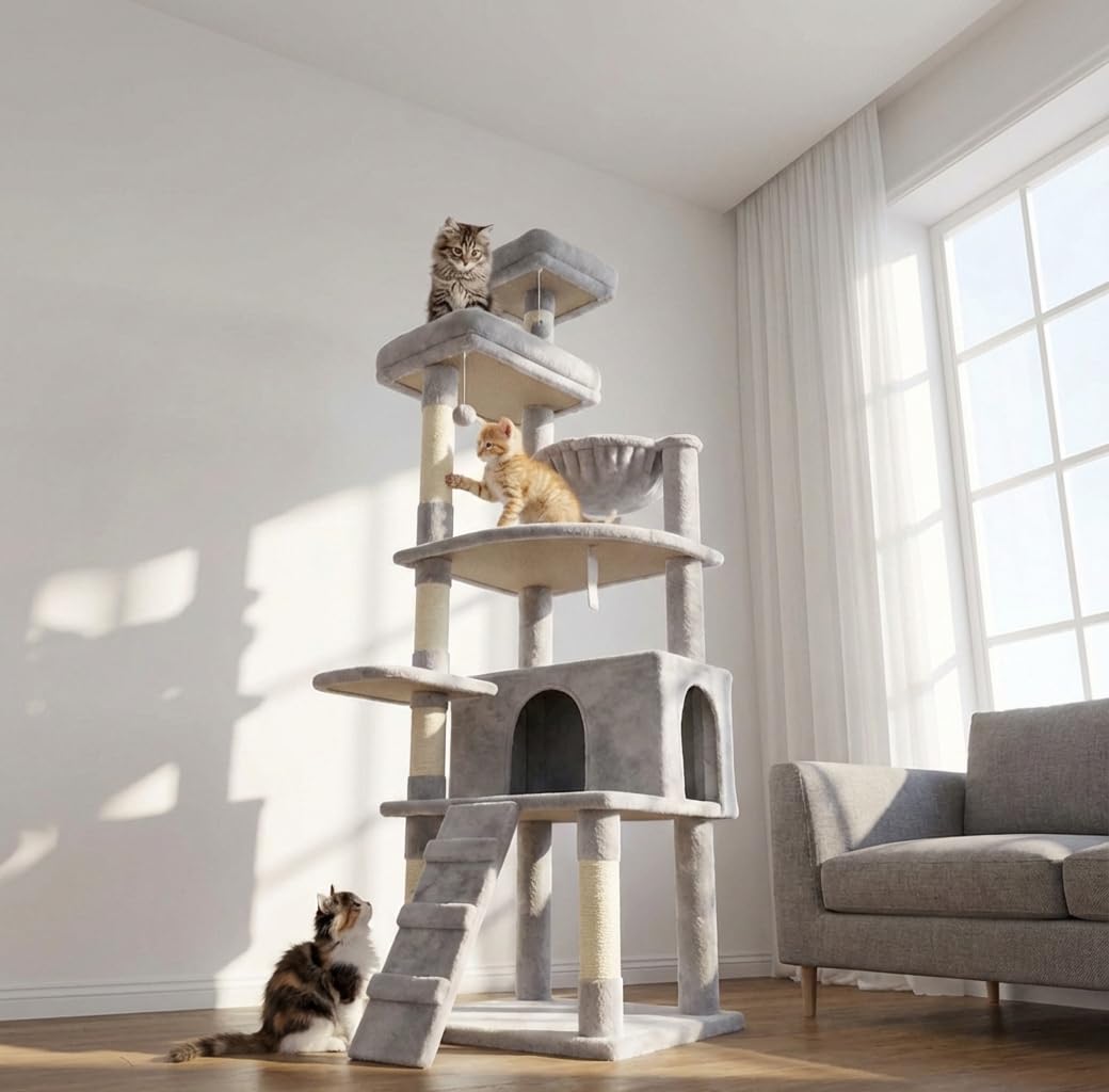 71-Inch Multi-Level Tall Cat Tree with Hammock and Cat Cave K45520