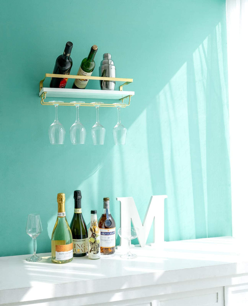 Wall Mounted Wine Rack with Glass Holder and Wood Shelf, 2 Pack T7117