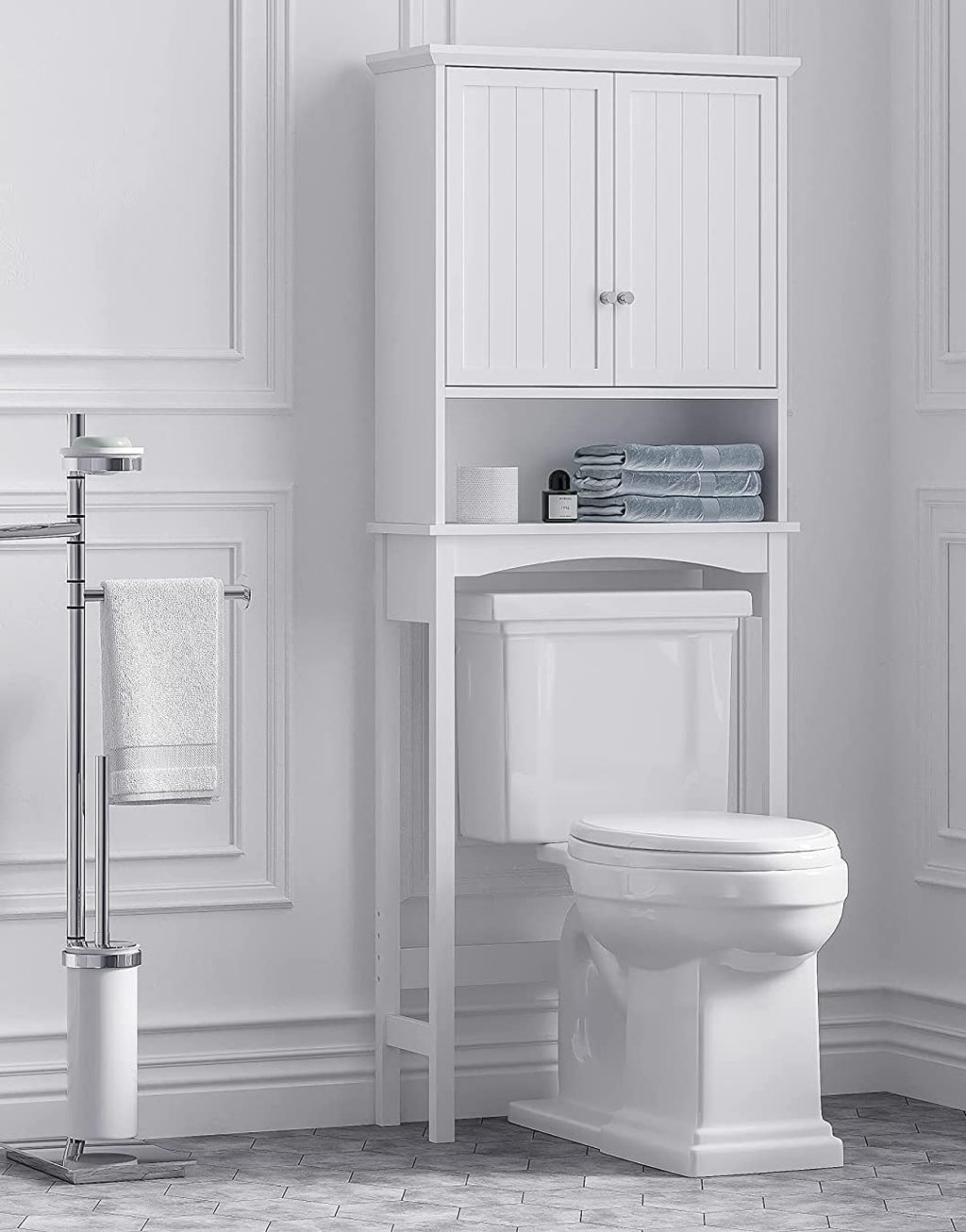 Over the Toilet Storage Cabinet with Doors, Adjustable Shelf, White Q7098