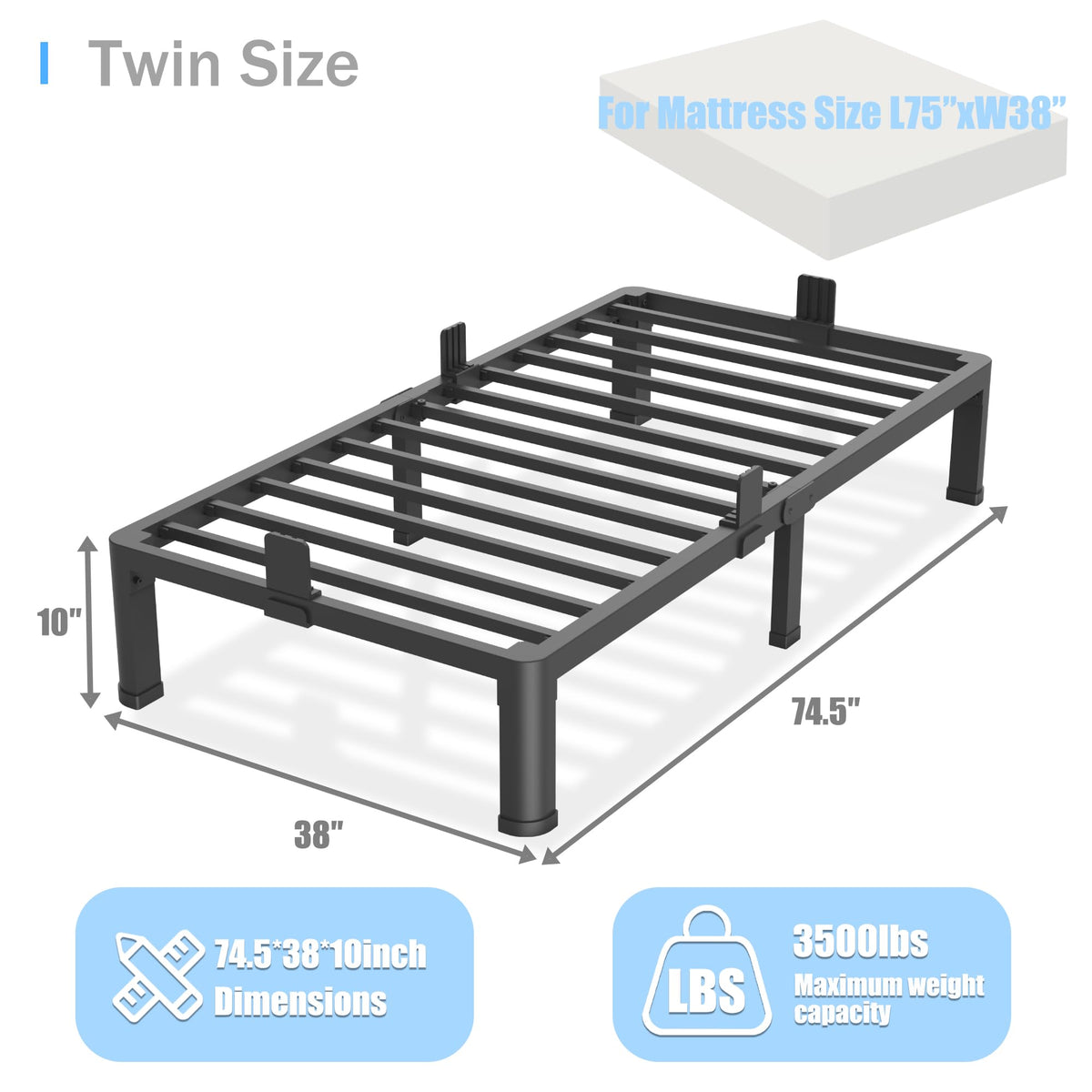 10 inch Twin Bed Frame with Round Corner Legs J839