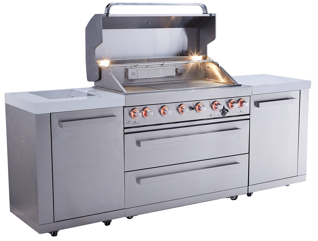 94"W Stainless Steel Modular Outdoor Kitchen Island with 6-Burner Gas Grill and White Granite Countertops H596511