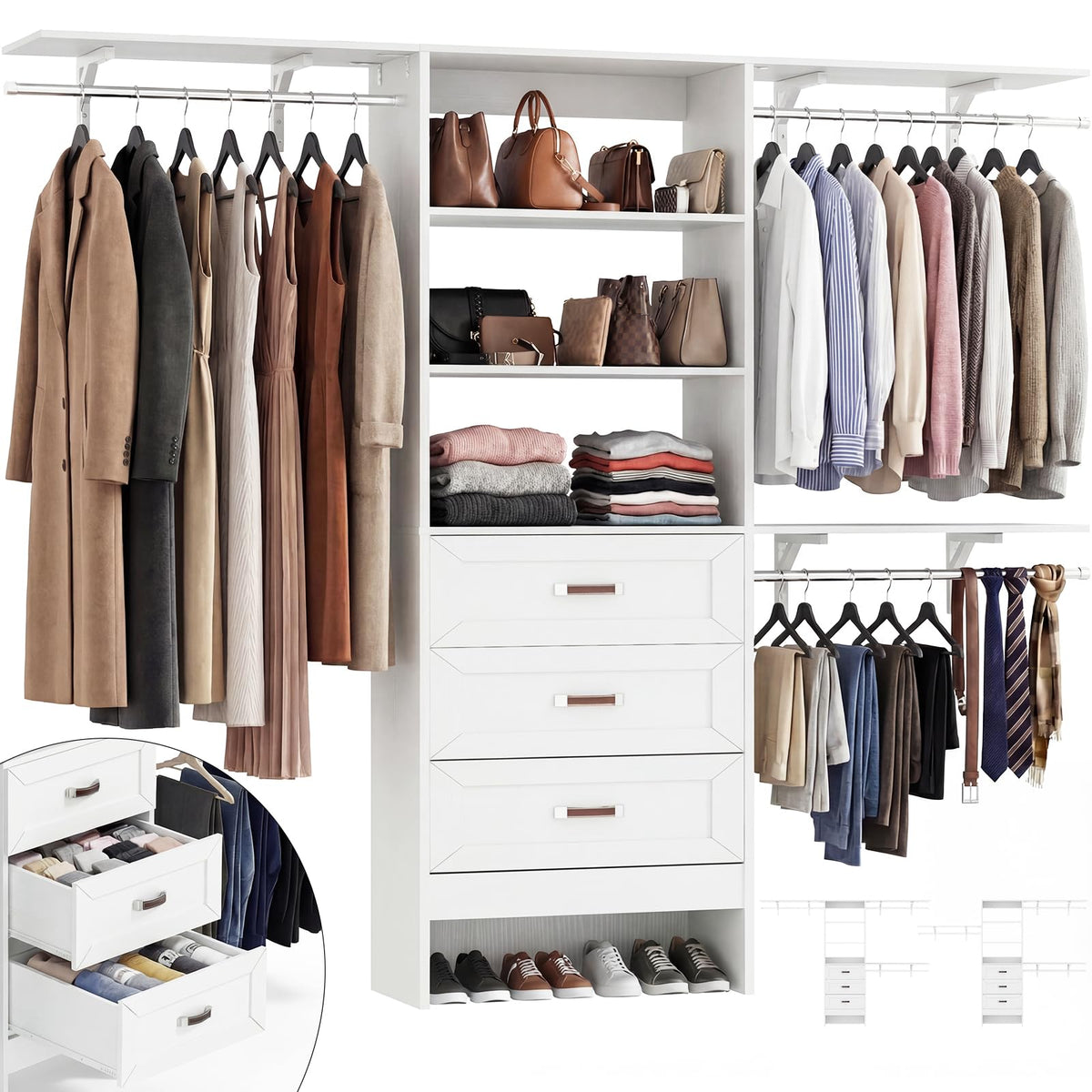8FT White Wooden Closet System with 3 Drawers and 3 Hanging Rods H84146