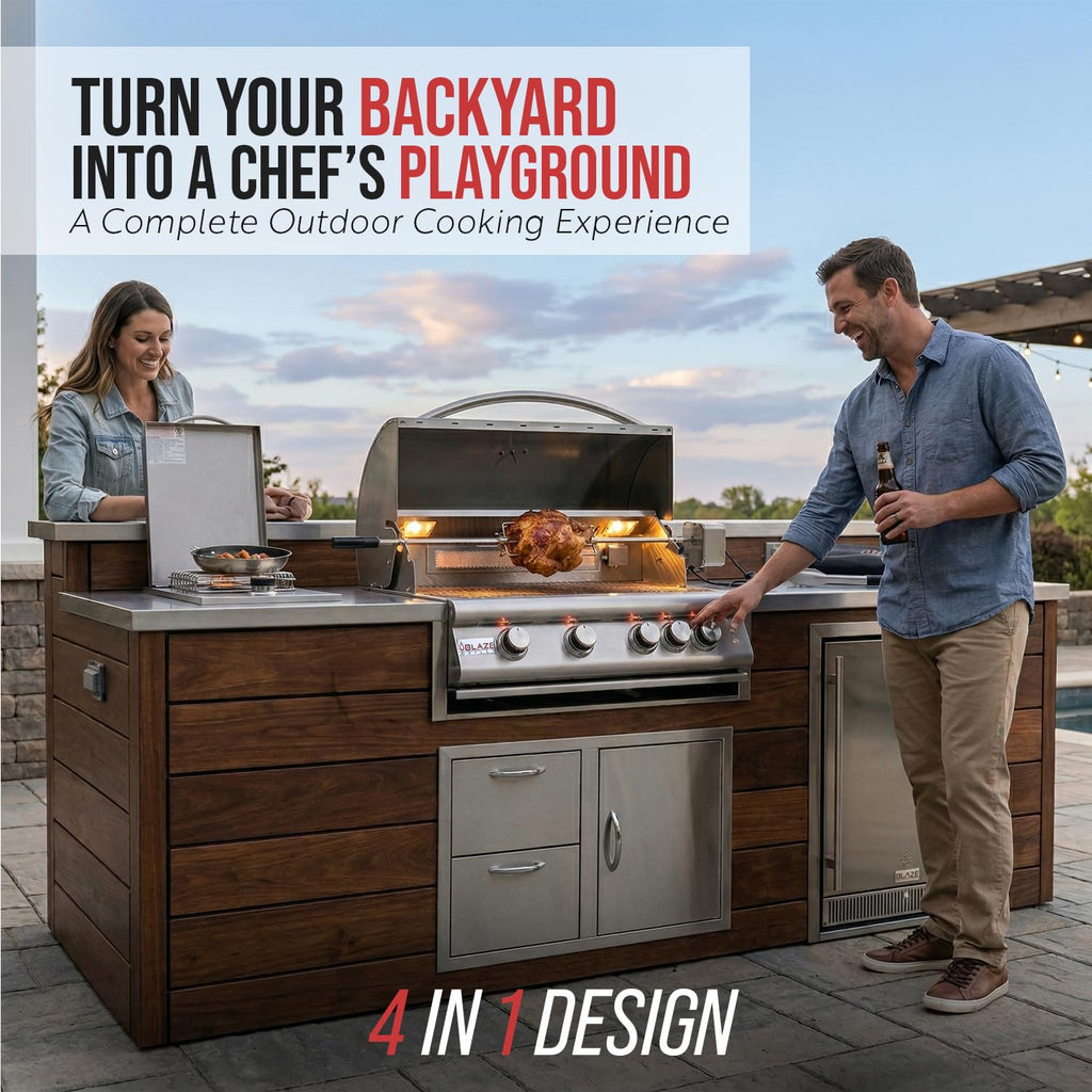 32” Built-in Gas Grill, Double Side Burner, Door & Two Drawers Combo, 20” Refrigerator E46098