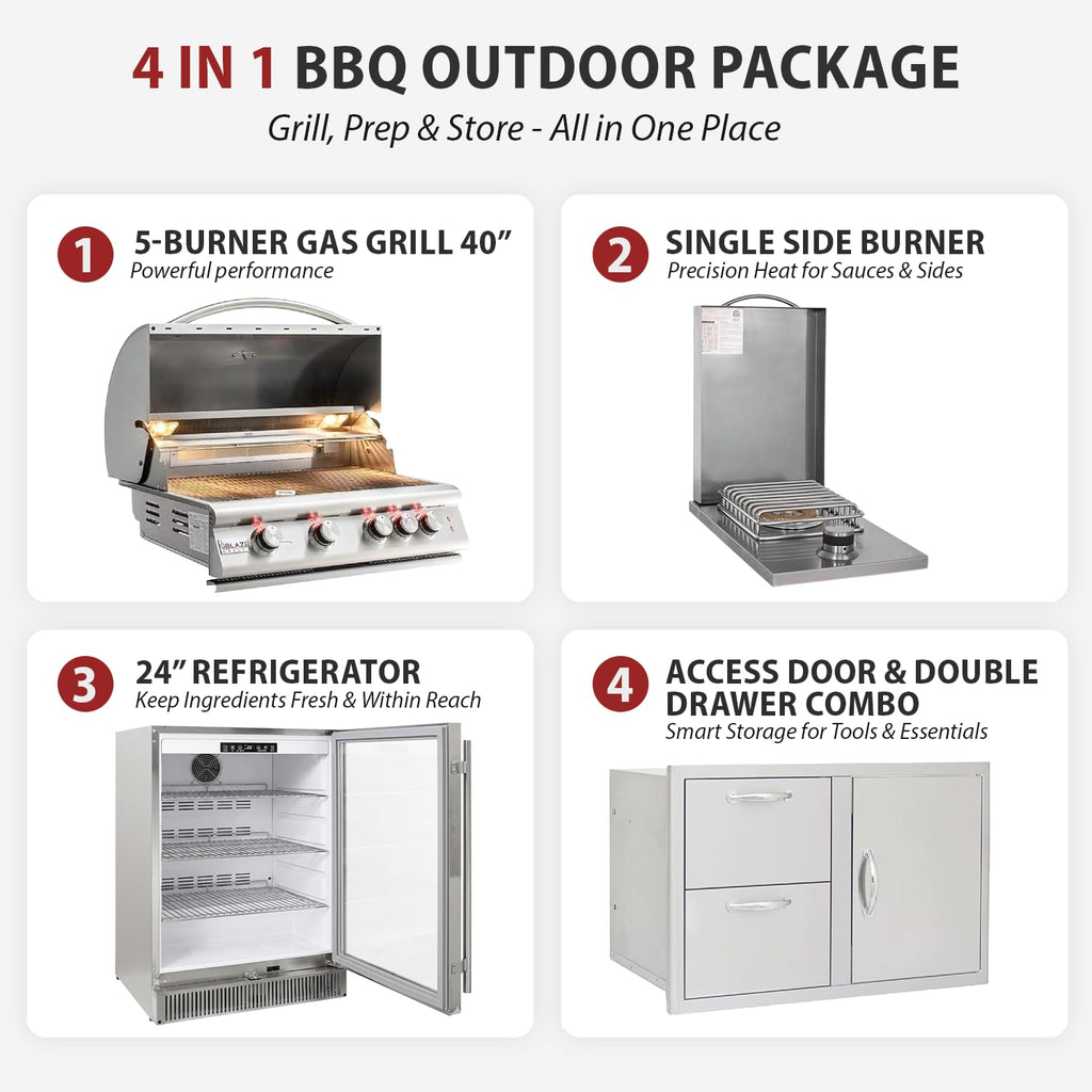 32” Built-in Gas Grill, Double Side Burner, Door & Two Drawers Combo, 20” Refrigerator E46098