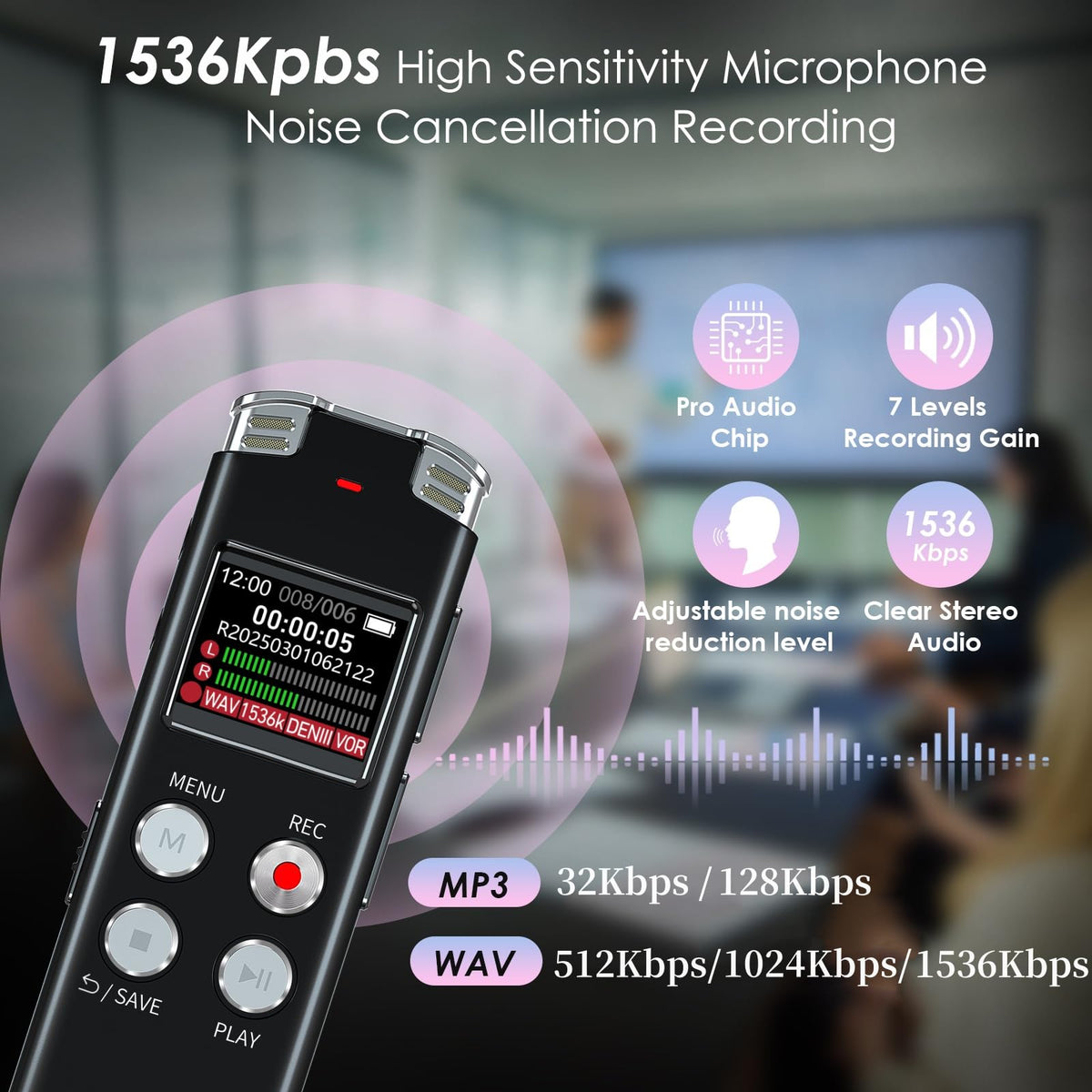 64GB Digital Voice Recorder with Playback E595
