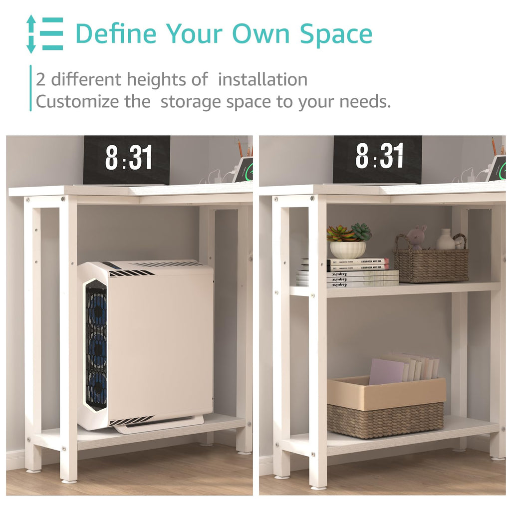 White L Shaped Computer Desk with Drawers and Storage Shelves, 47 Inch Reversible Corner Desk with Power Outlet T8463