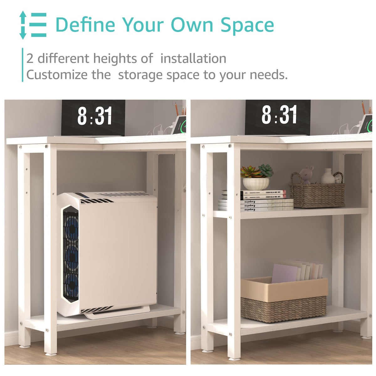 White L Shaped Computer Desk with Drawers and Storage Shelves, 47 Inch Reversible Corner Desk with Power Outlet T8463