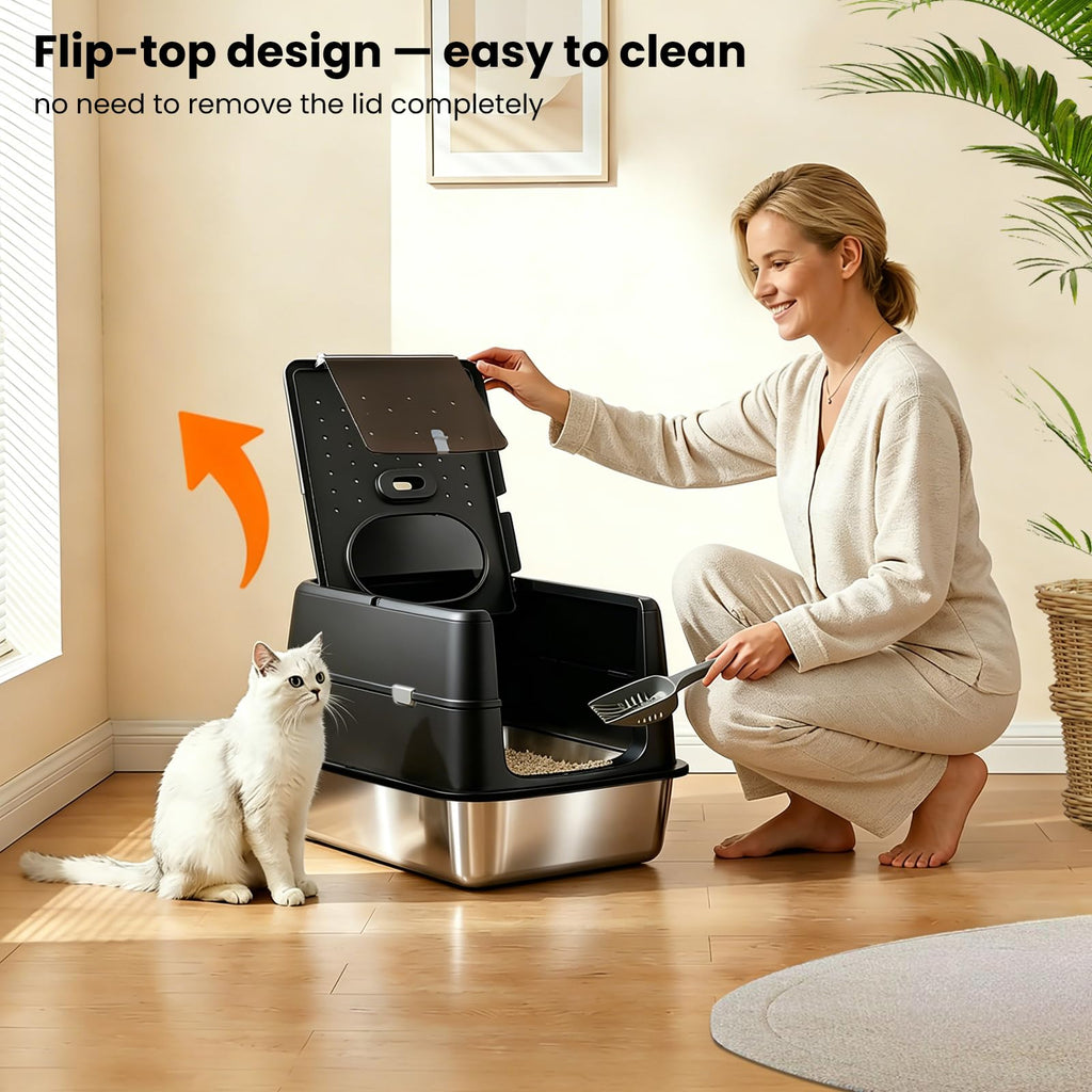 Extra Large Stainless Steel Enclosed Cat Litter Box with Lid and Scoop R98001