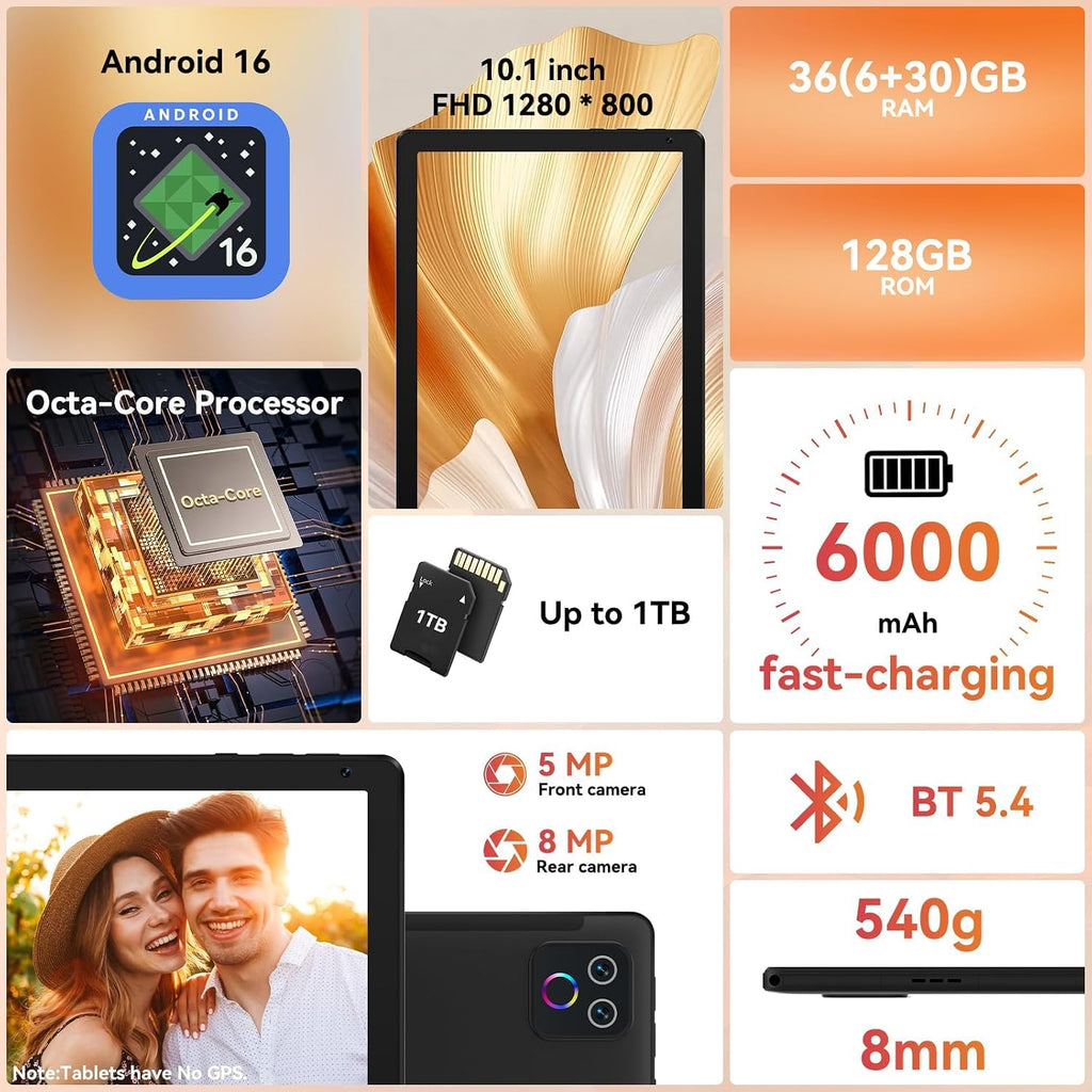 10.1" Android 16 Tablet Octa-core 36GB+128GB Dual Camera A11033