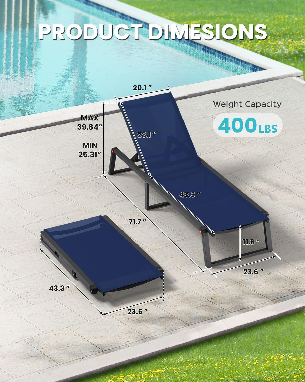 Aluminum Foldable 5-Position Chaise Lounge Chair, Navy Blue, 2 Pack V581168