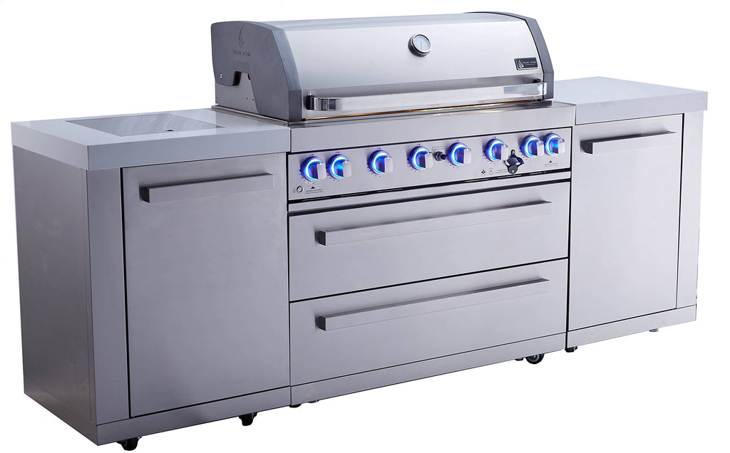 94"W Stainless Steel Modular Outdoor Kitchen Island with 6-Burner Gas Grill and White Granite Countertops H596511