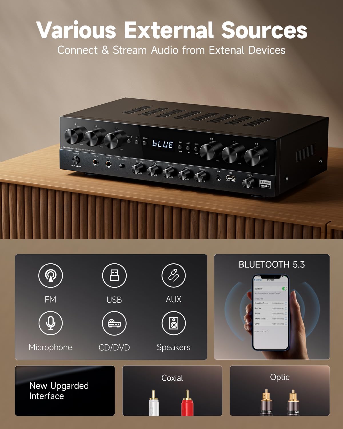 1000W 6 Channel Bluetooth Stereo Receiver W16516