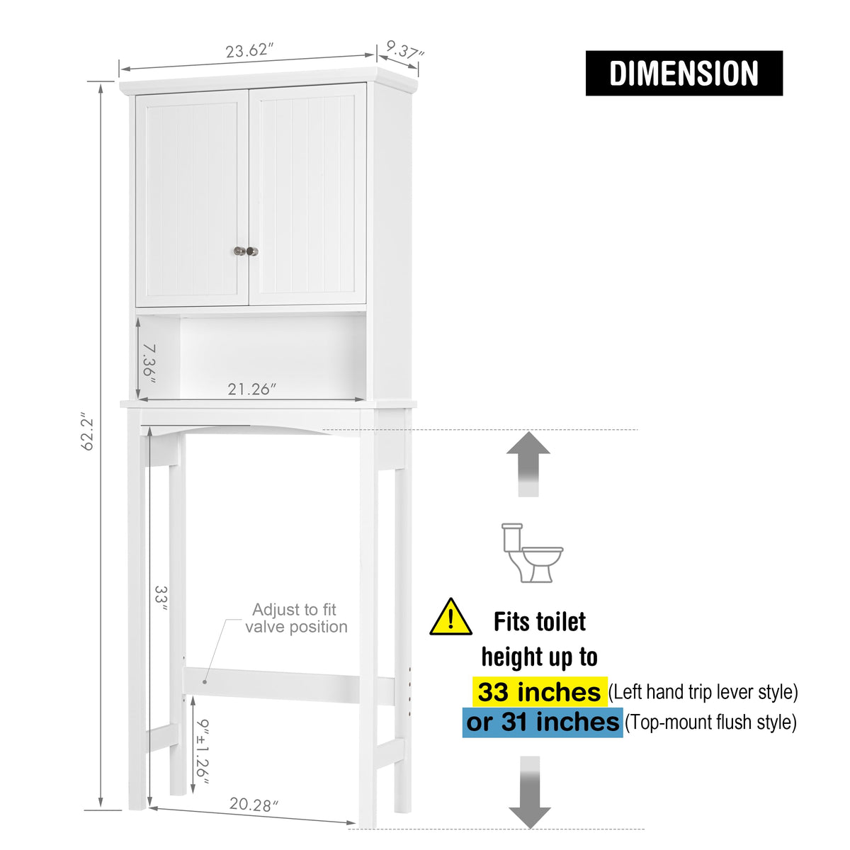 Over the Toilet Storage Cabinet with Doors, Adjustable Shelf, White Q7098
