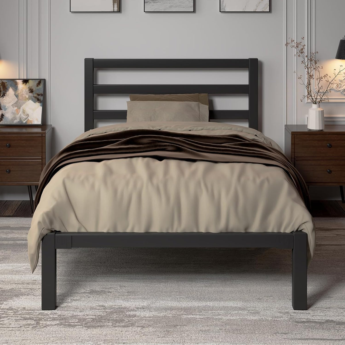 Twin Size Black Metal Bed Frame with Headboard N48639