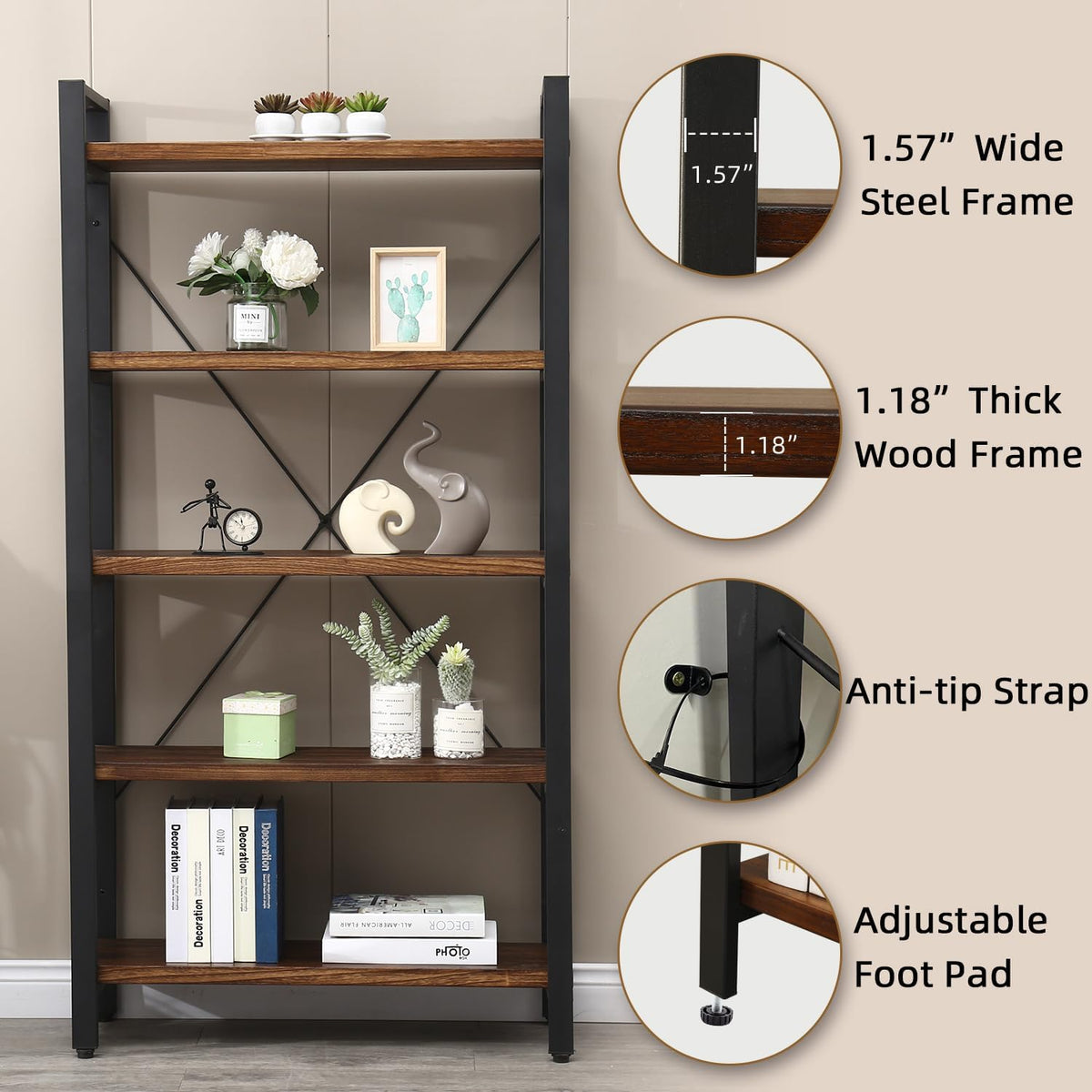 5 Tier Solid Wood Metal Bookcase G8464