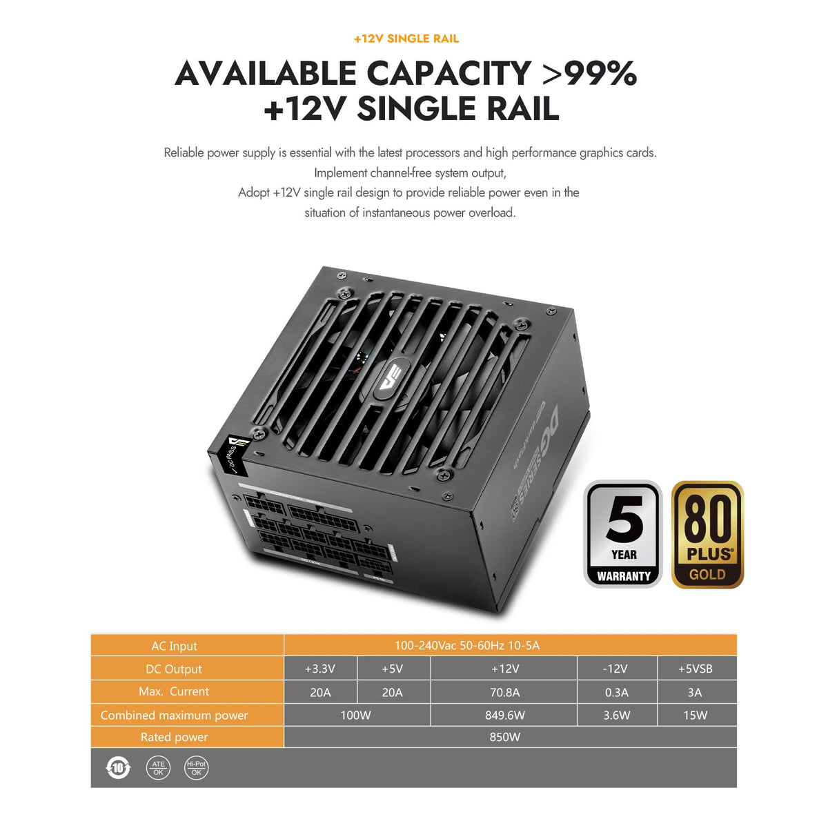 750W 80 Plus Gold ATX 3.1 PCIe 5.1 PC Power Supply, Black J3655