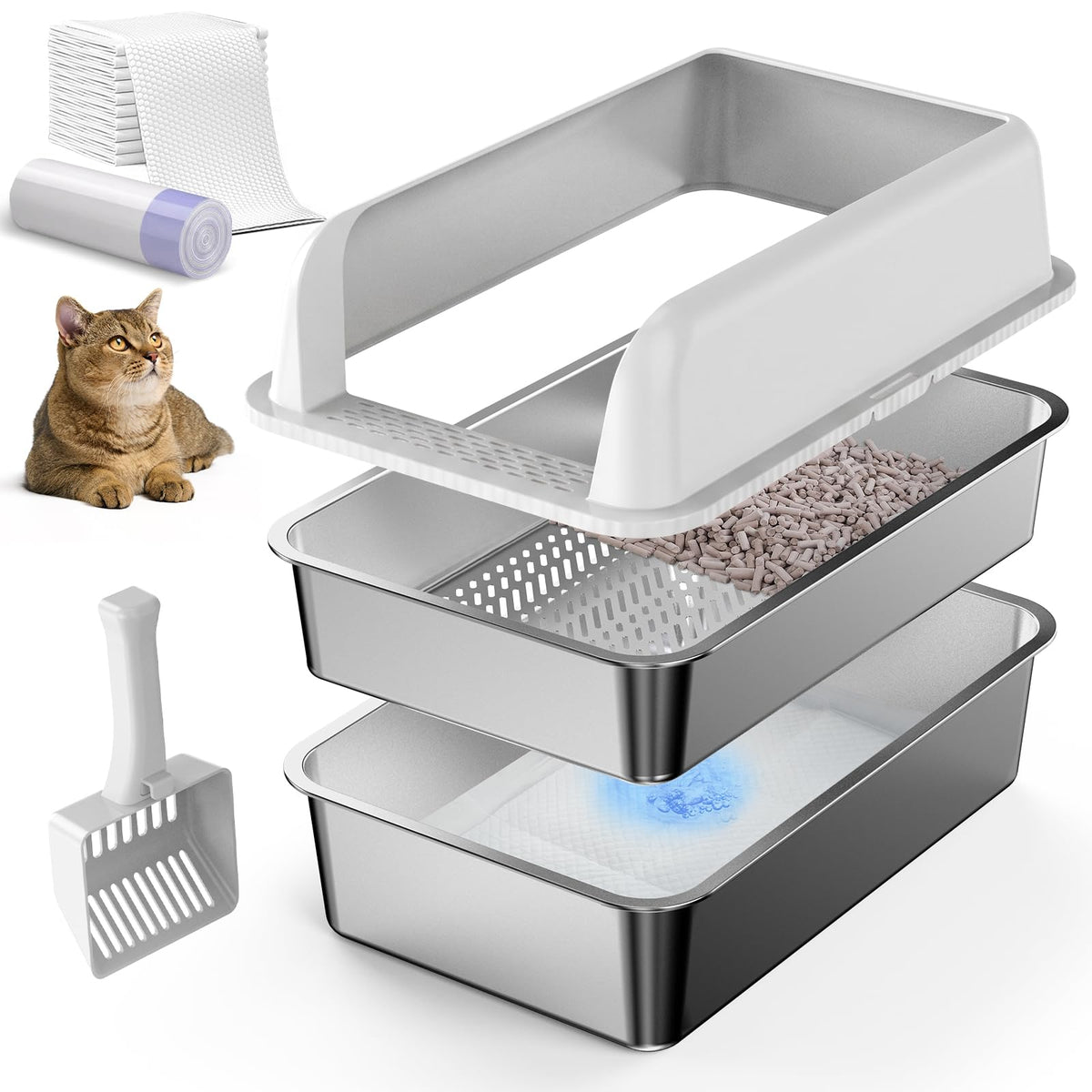 XL Stainless Steel Sifting Litter Box with Lid R566