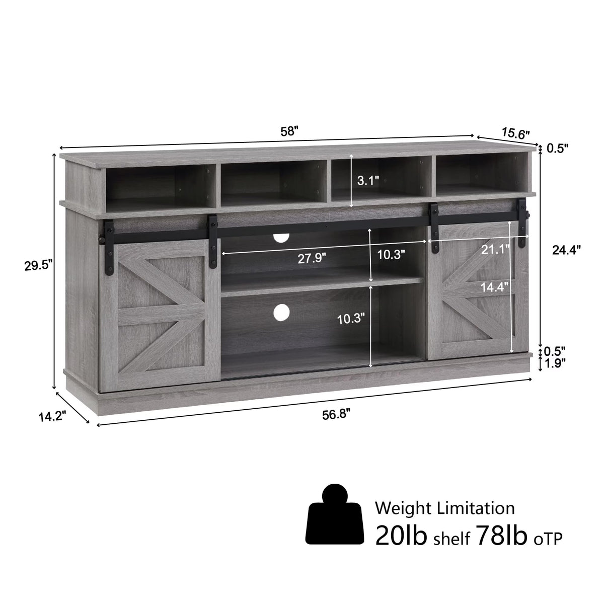 65" Grey TV Stand with Sliding Doors M8926