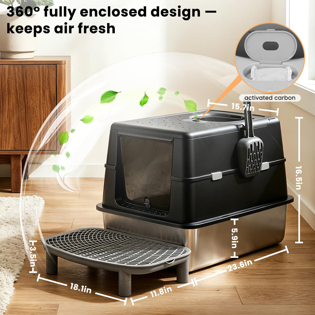 Extra Large Stainless Steel Enclosed Cat Litter Box with Lid and Scoop R98001