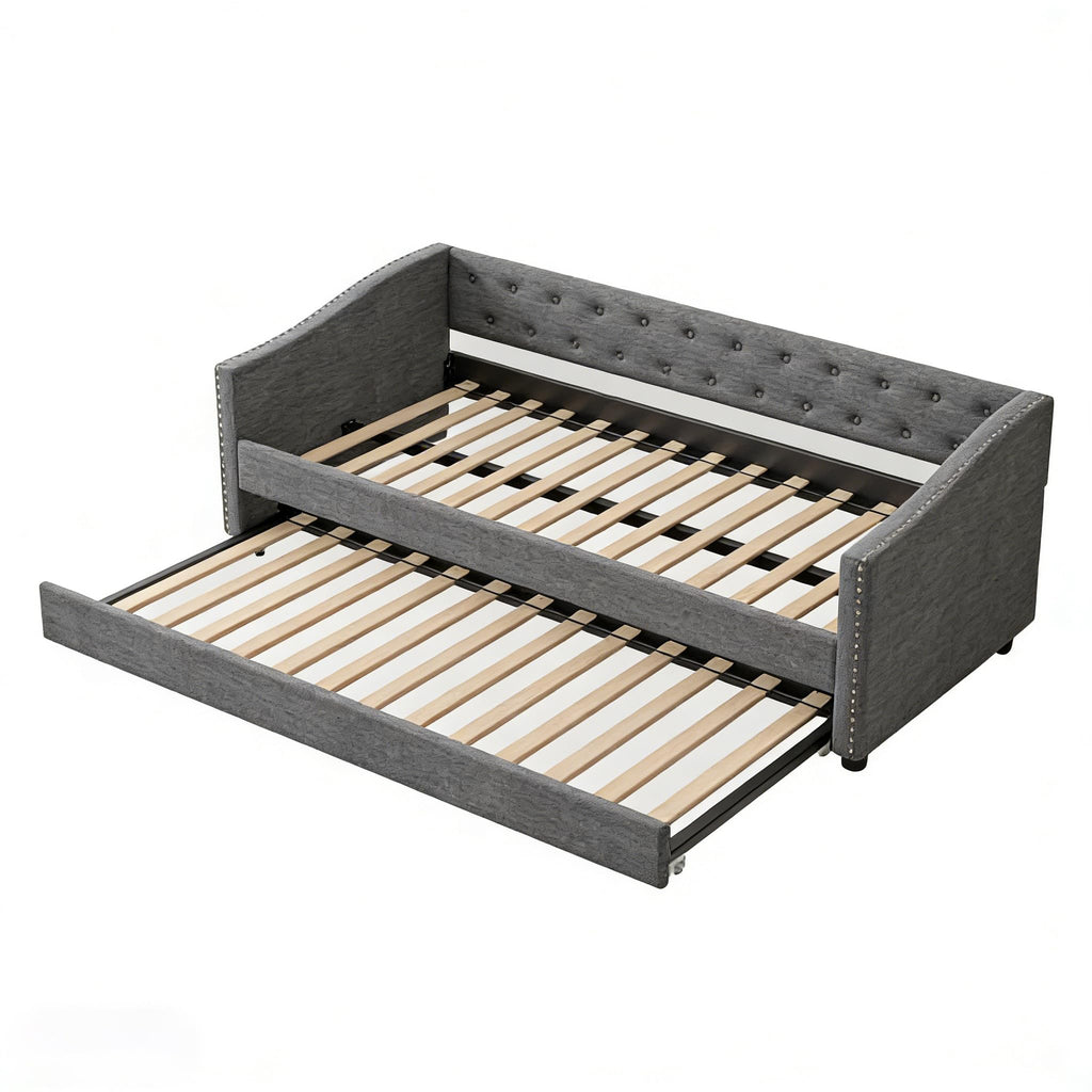 Twin Size Upholstered Daybed Frame with Trundle, Dark Grey Y156