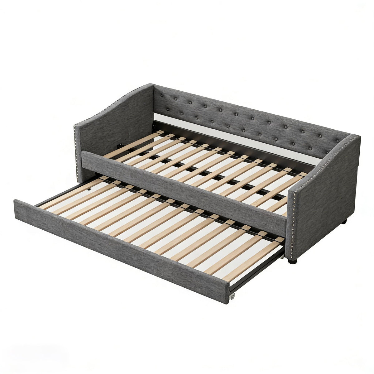 Twin Size Upholstered Daybed Frame with Trundle, Dark Grey Y156