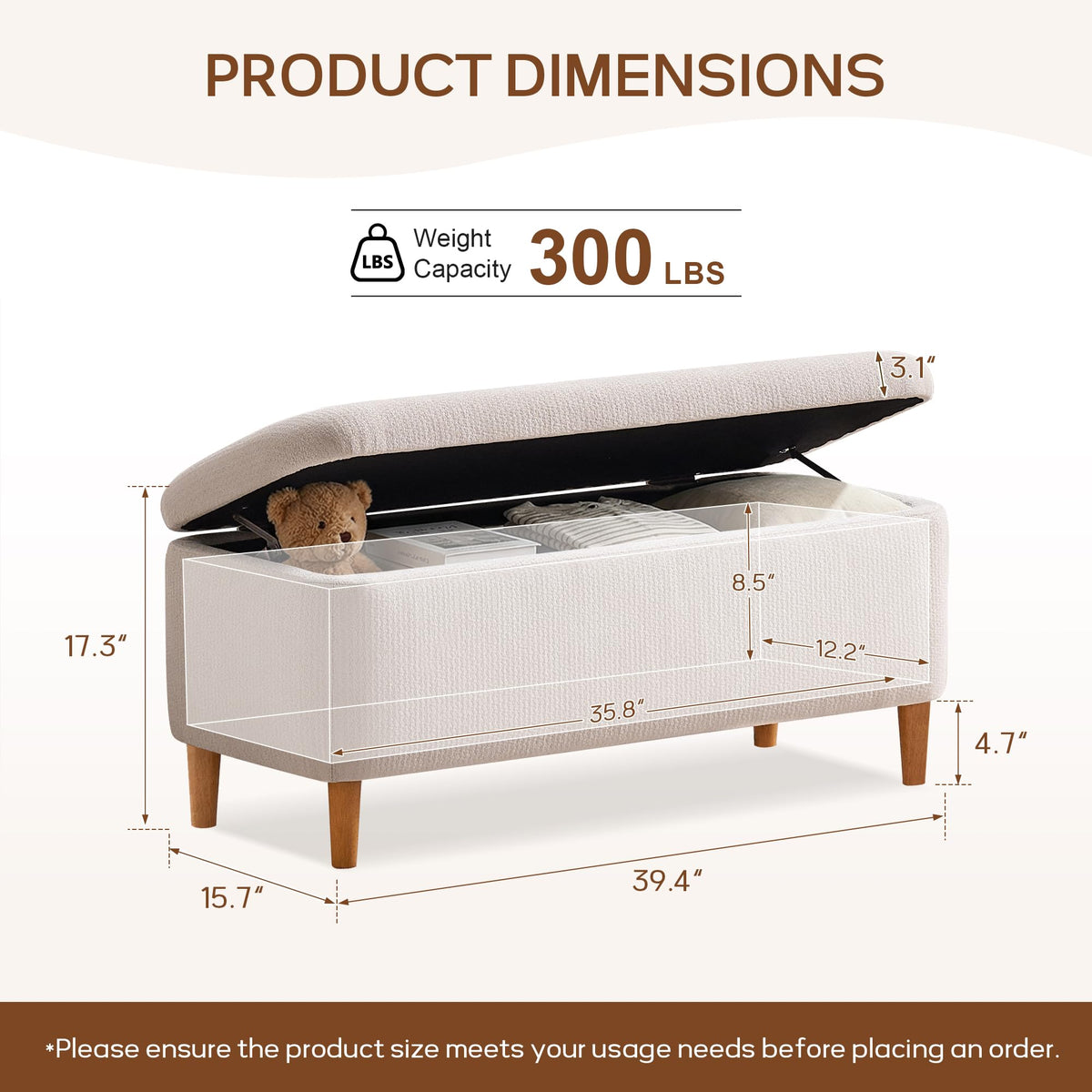Beige Upholstered Storage Ottoman with Wooden Legs Q848