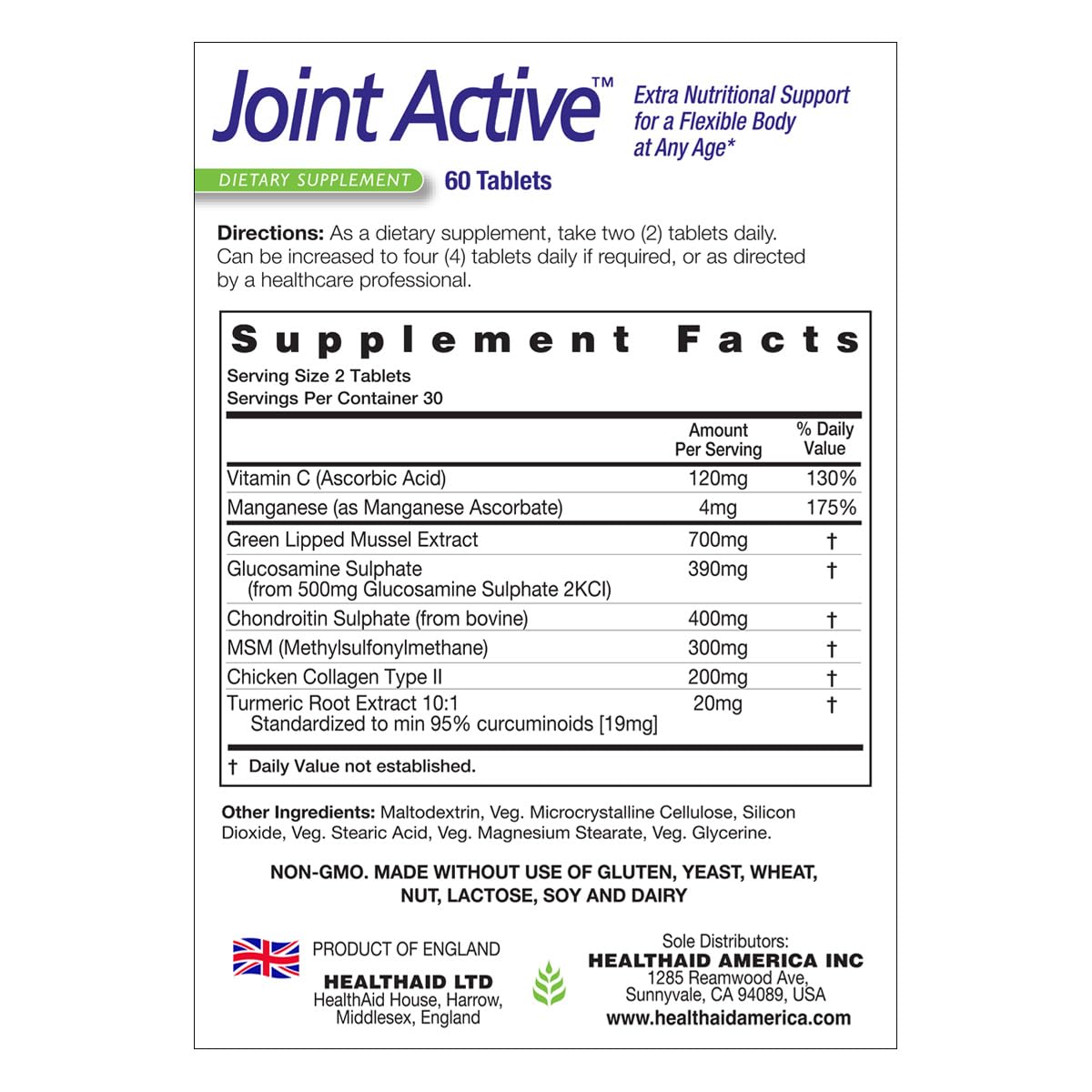 60 Tablets Joint Support with Green-Lipped Mussel Extract, Glucosamine, Chondroitin, Turmeric, MSM and Collagen Q8799