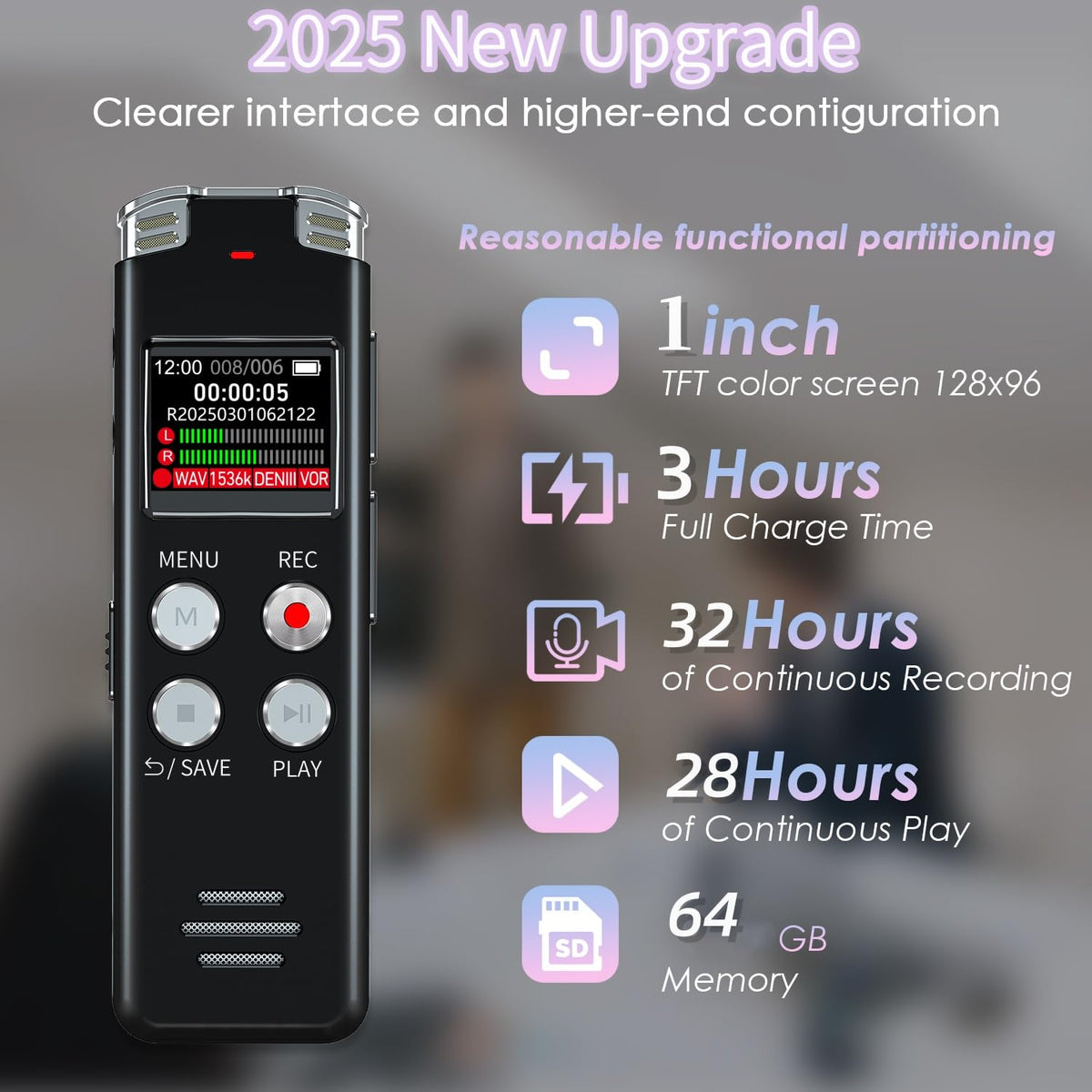 64GB Digital Voice Recorder with Playback E595