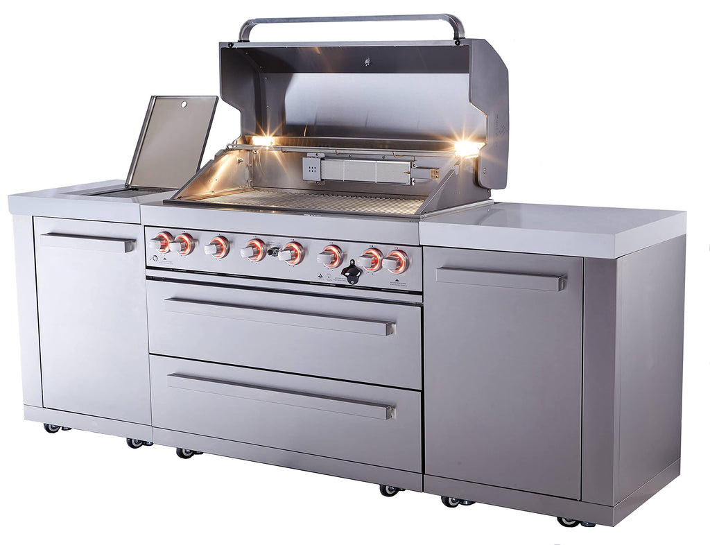94"W Stainless Steel Modular Outdoor Kitchen Island with 6-Burner Gas Grill and White Granite Countertops H596511