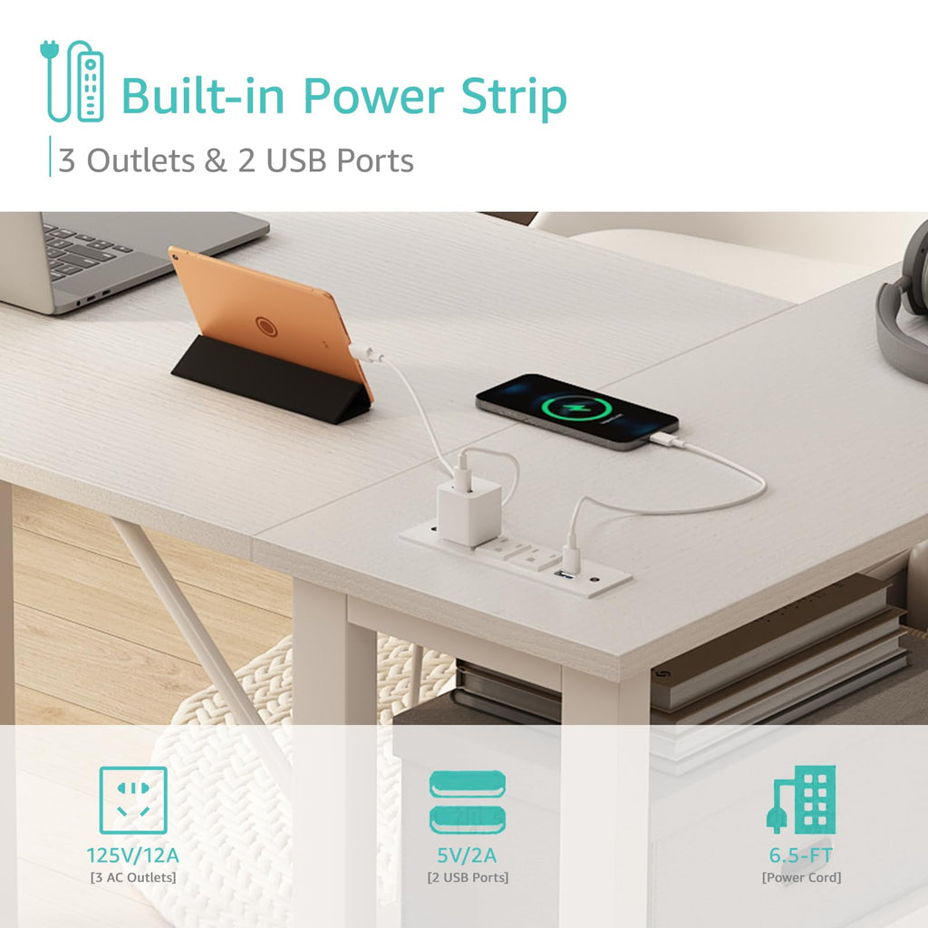 White L Shaped Computer Desk with Drawers and Storage Shelves, 47 Inch Reversible Corner Desk with Power Outlet T8463