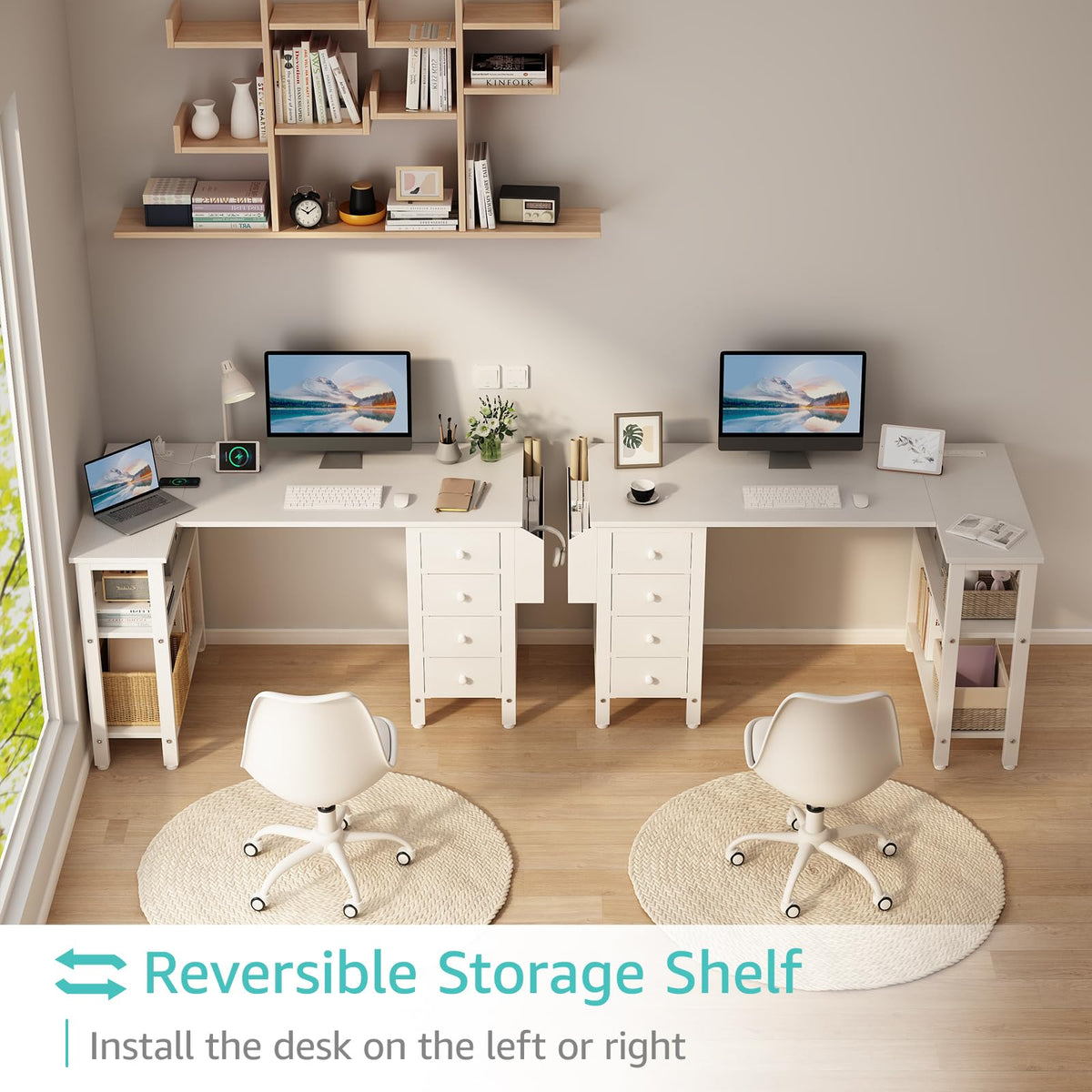 White L Shaped Computer Desk with Drawers and Storage Shelves, 47 Inch Reversible Corner Desk with Power Outlet T8463