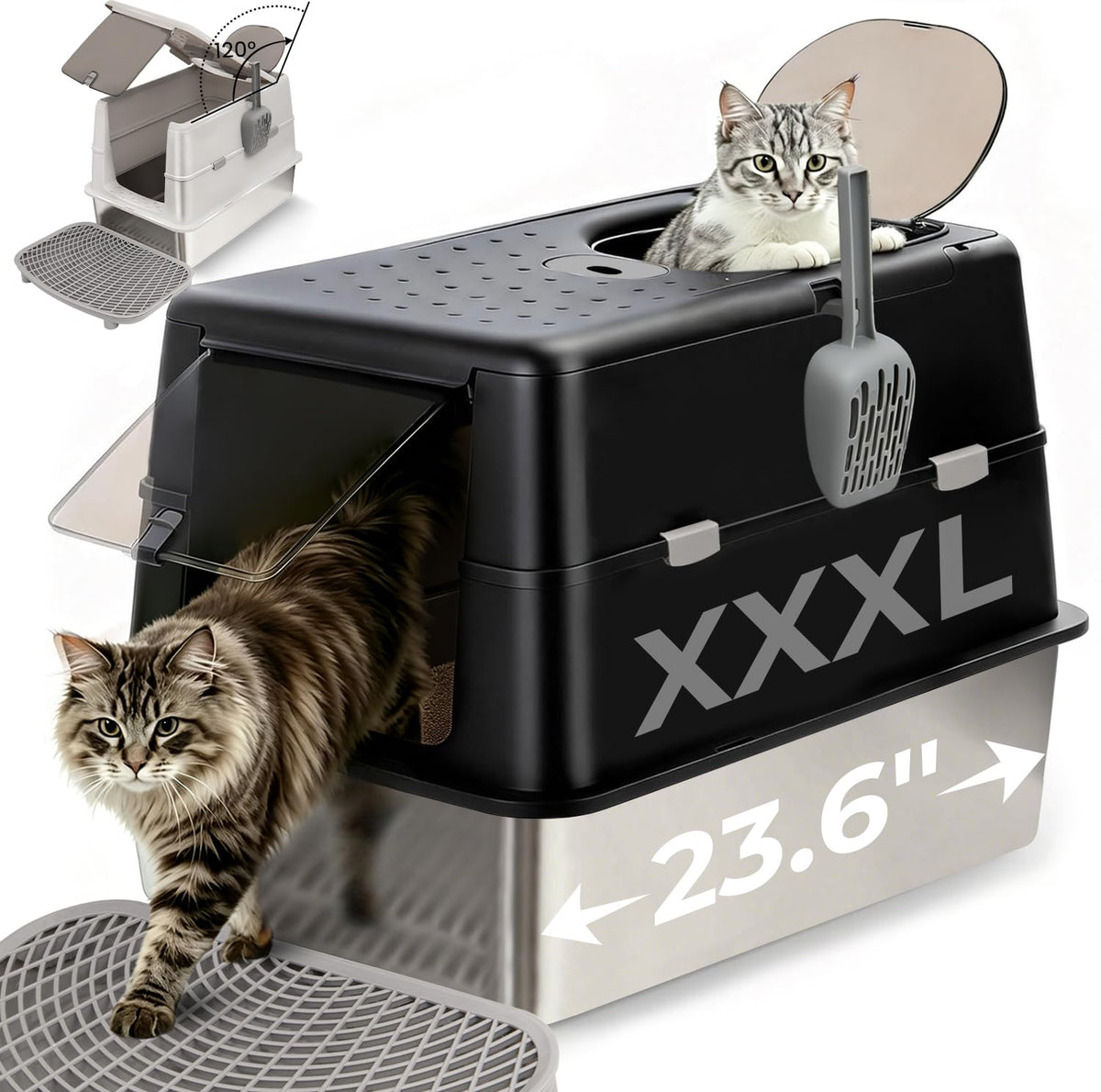 Extra Large Stainless Steel Enclosed Cat Litter Box with Lid and Scoop R98001