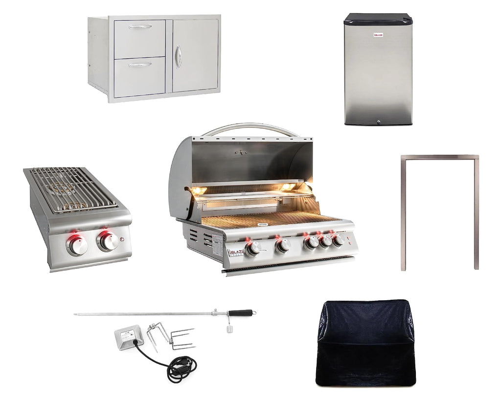 32” Built-in Gas Grill, Double Side Burner, Door & Two Drawers Combo, 20” Refrigerator E46098