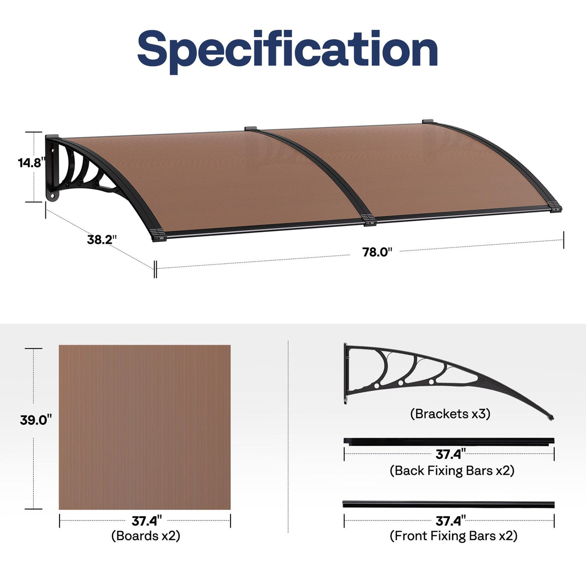 Brown Polycarbonate Window Door Awning 38 Inch x 78 Inch A3479