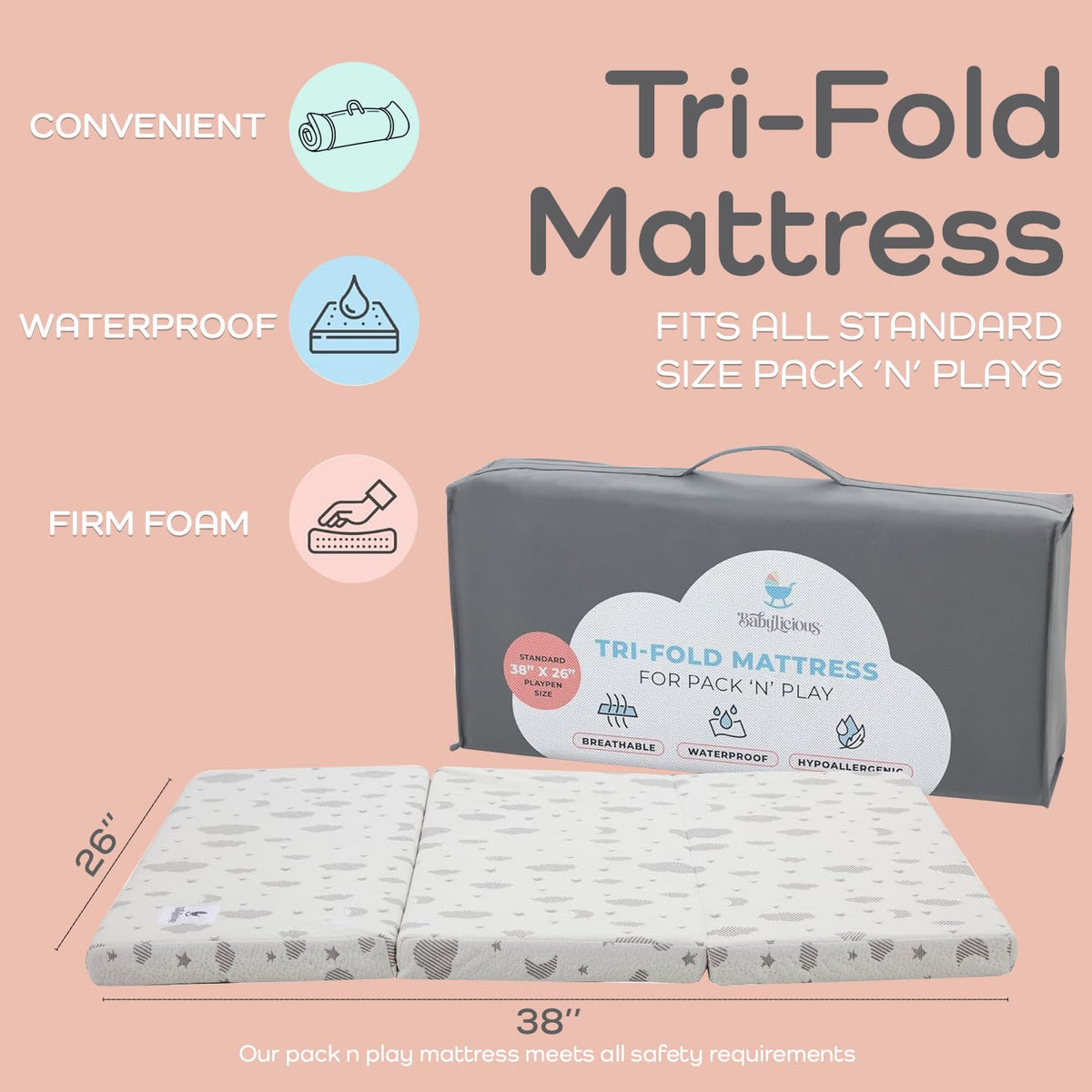 Pack and Play Mattress Topper 38" x 26" Trifold Soft Foam V78826