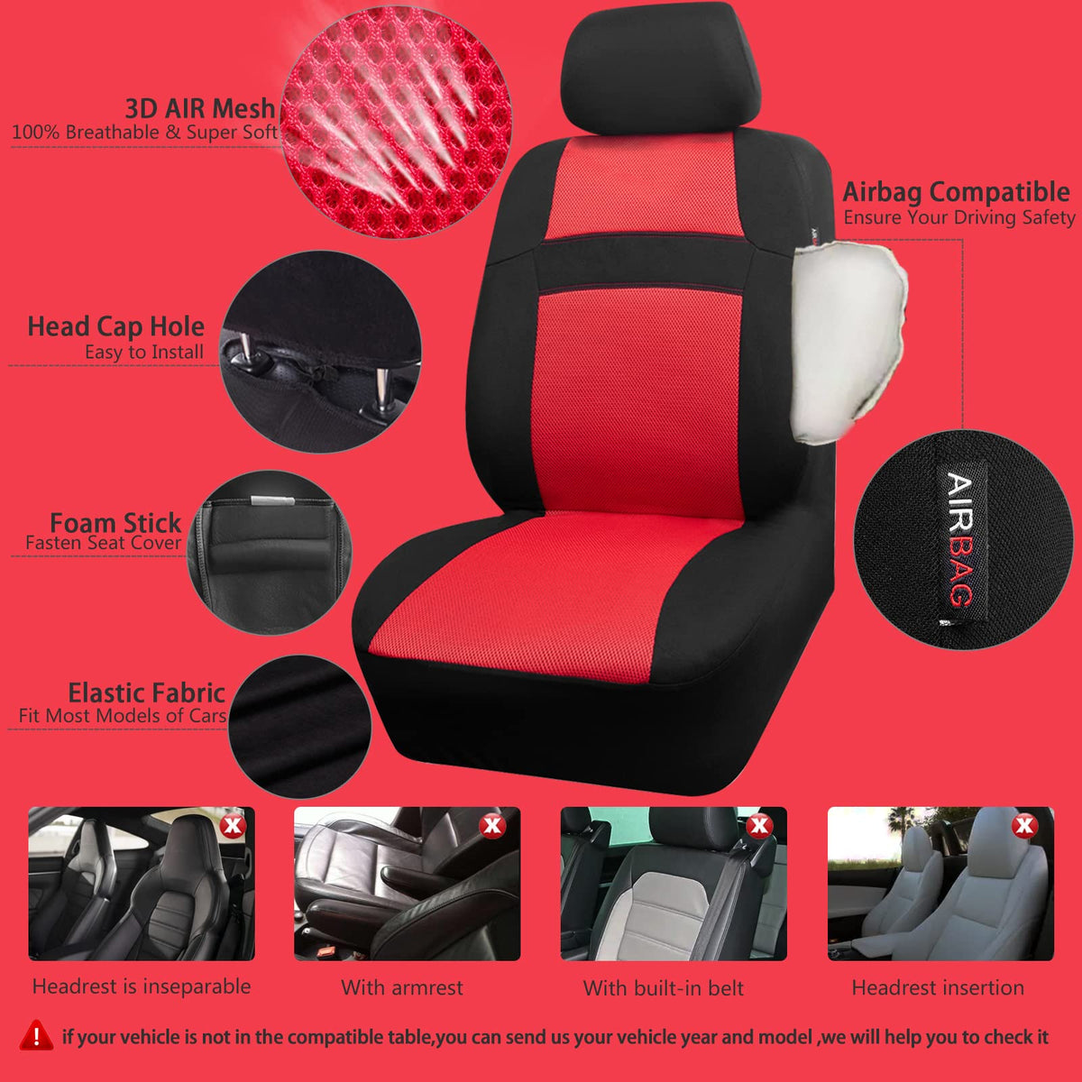 3D Air Mesh Car Seat Covers Full Sets with 4Pcs Floor Mats and Steering Wheel Cover Black Red C4344
