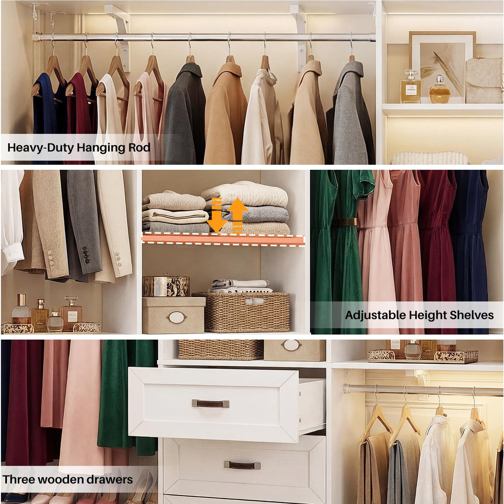 8FT White Wooden Closet System with 3 Drawers and 3 Hanging Rods H84146